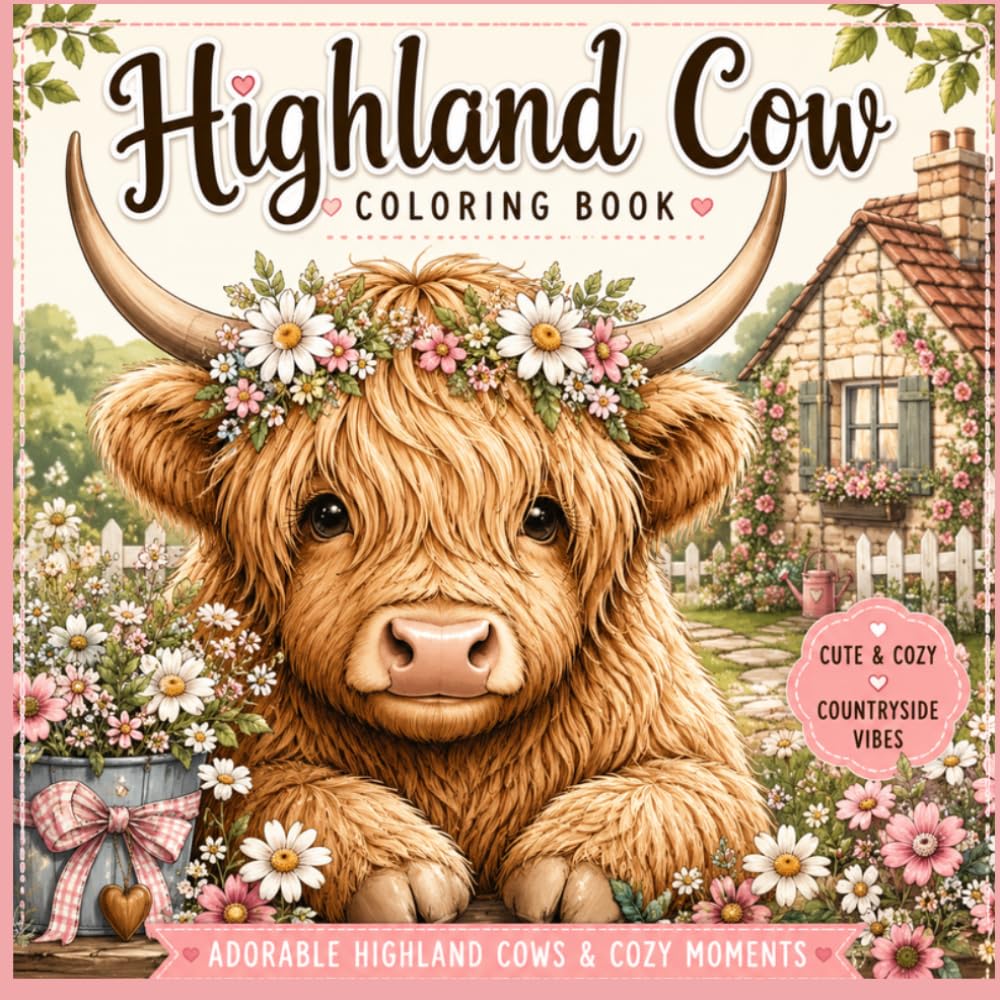 Cute & Cozy Highland Cows: A Relaxing Coloring Book for Adults and Teens Featuring Cottagecore Countryside Scenes, Farm Life and Stress Relief