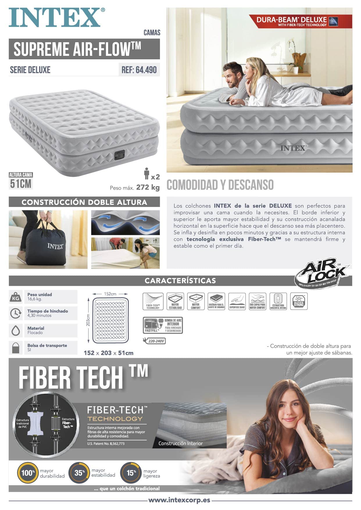 Intex 64490 Materasso Dura Beam Supreme, Teconologia Fiber-Tech Q con Pompa Elettrica Incorporata, 152 x 203 x 51 cm