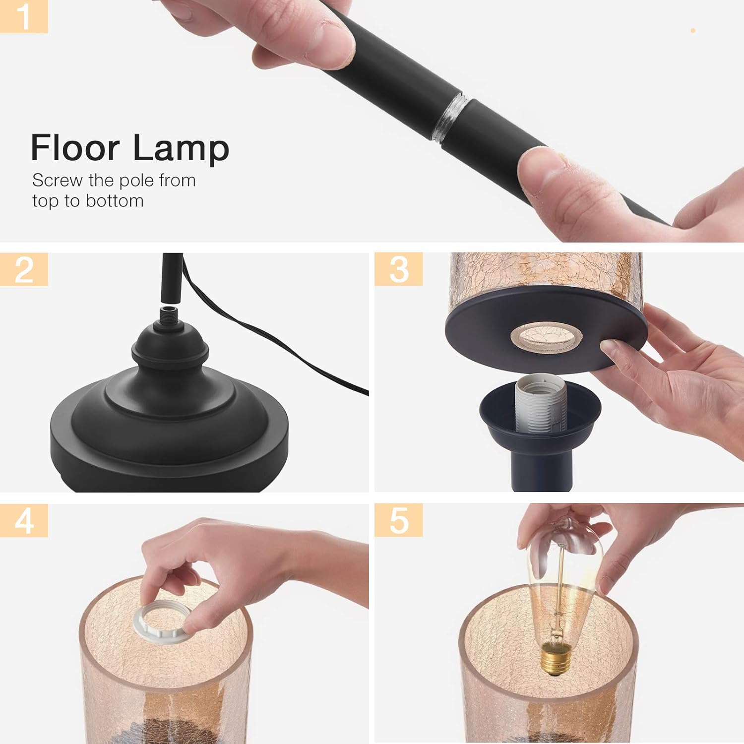 Bеѕt Dеаl 🛒 Acaxin Floor Lamp with Cracked Glass Shade for Living Room & Bedroom, Farmhouse Industrial Standing Tall Lamp with Warm Bulb, Black Simple Indoor Light for Home Decor