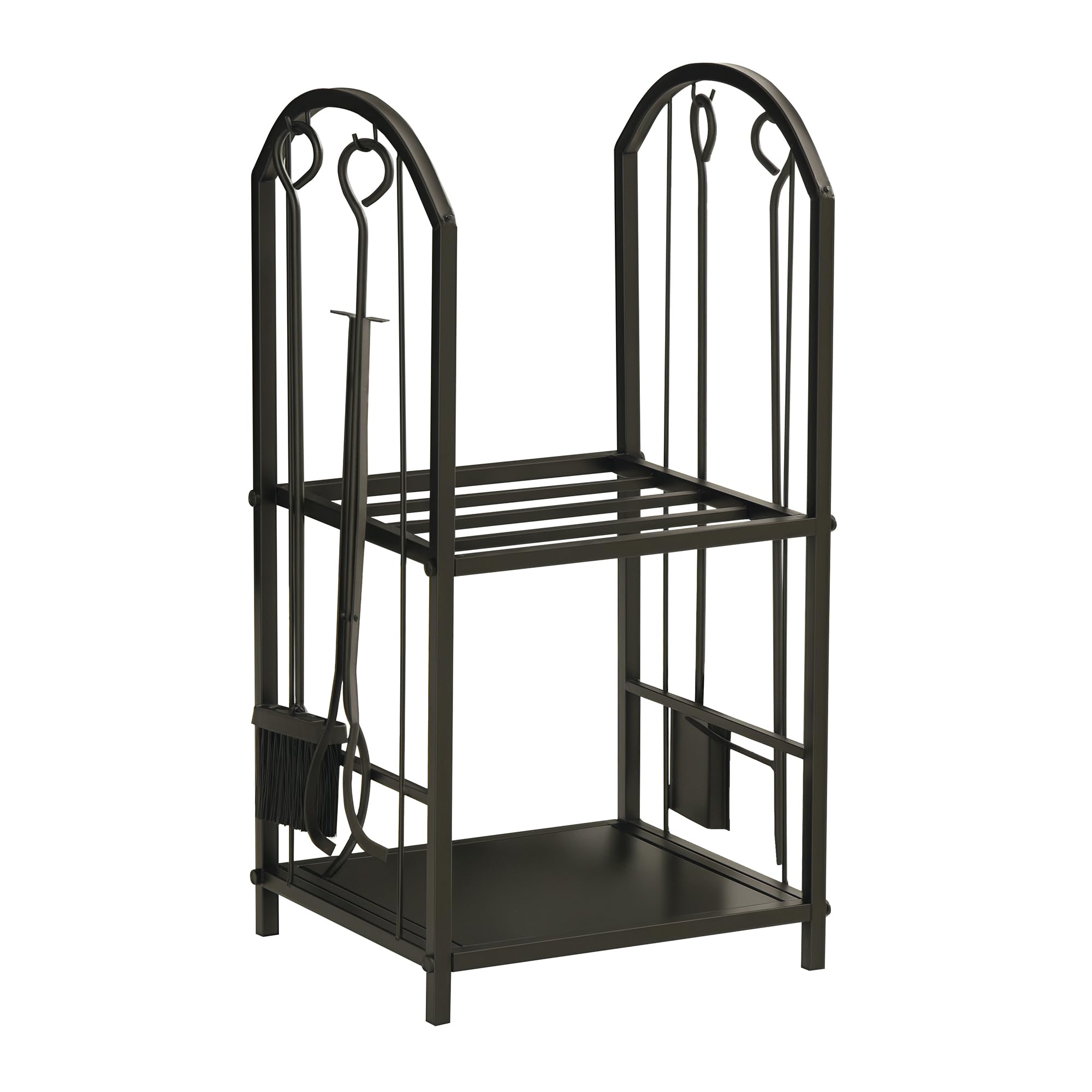 Outsunny Portalegna da Interno ed Esterno a 2 Ripiani in Metallo, Portalegna per Camino con Paletta, Scopa, Attizzatoio e Pinza, 41.5x32.5x74.5 cm, Nero