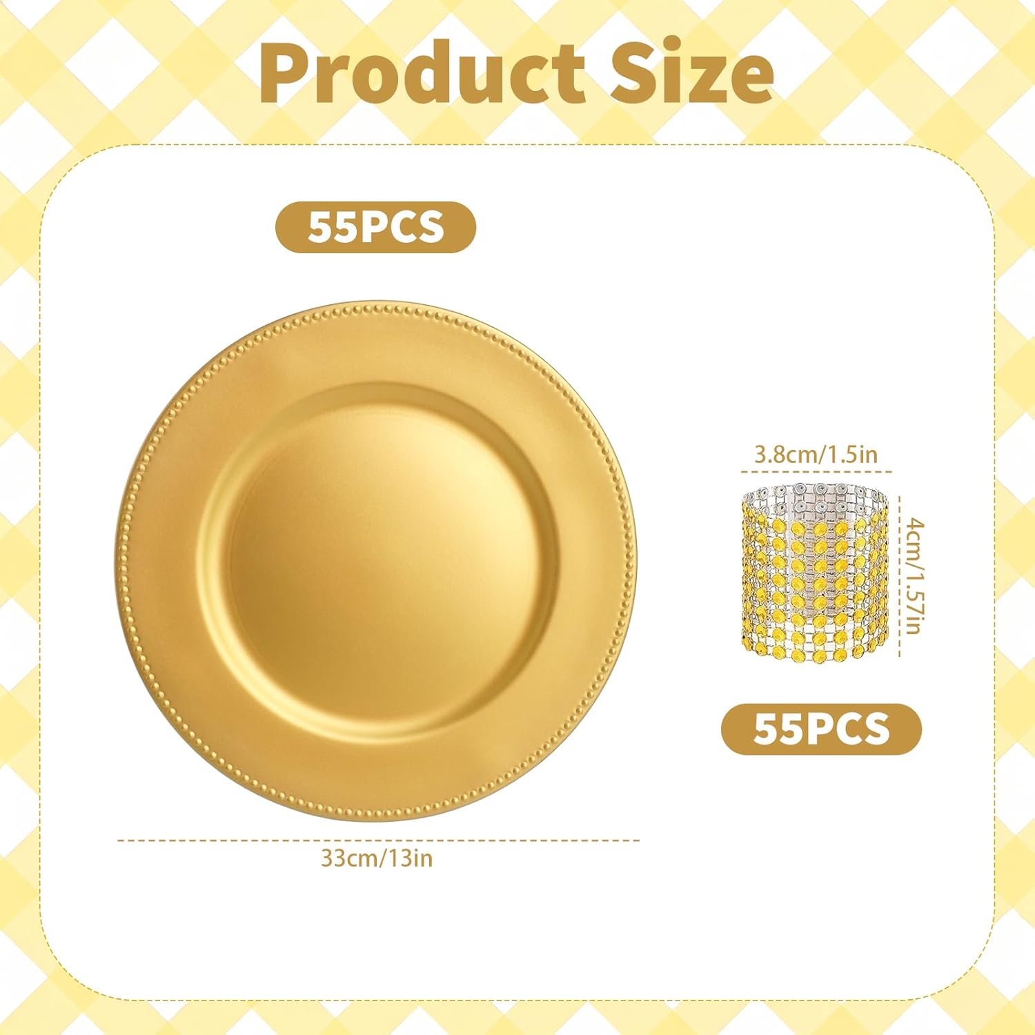 110 Pcs Charger Plates 13'' Round Dinner Plate Chargers Set Include 55 Napkin Rings 55 Plastic Beaded Plate Chargers for Wedding Party Table Setting(Gold)