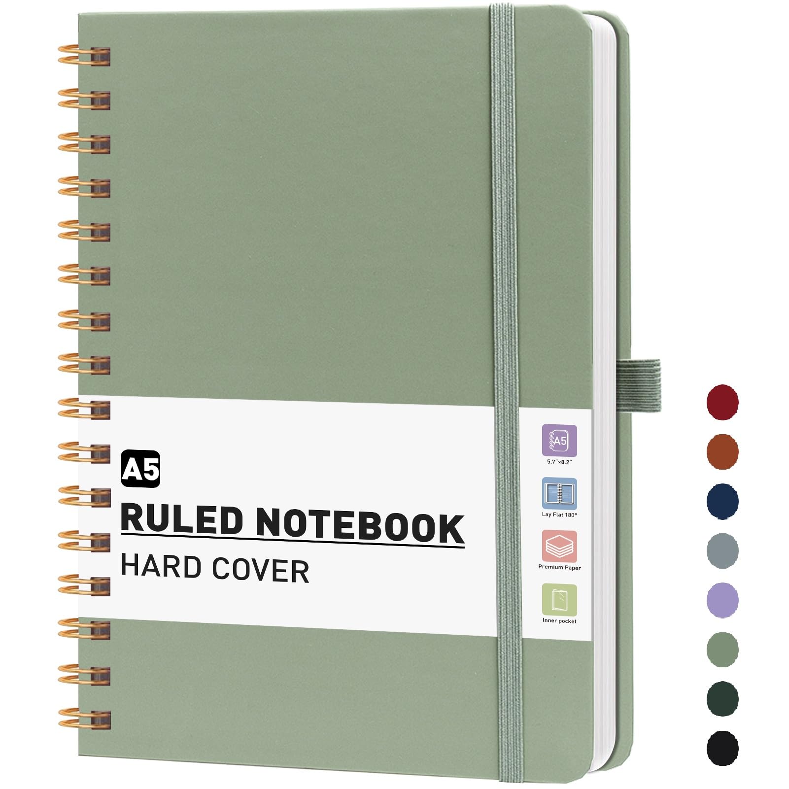 PYNEX Notizbuch A5 Liniert, Hardcover,Notebook, Notizblock Spiralbindung With 140 Blatt 100GSM, Tagebuch für Erwachsene,Schule - Salbei Grün