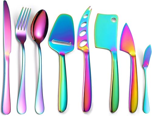 Miniatura 11 de Juego de 8 cuchillos de queso negro con cuchillo de comedor, tenedor, cuchara de acero inoxidable, multifuncional, utensilios de cocina, utensilios