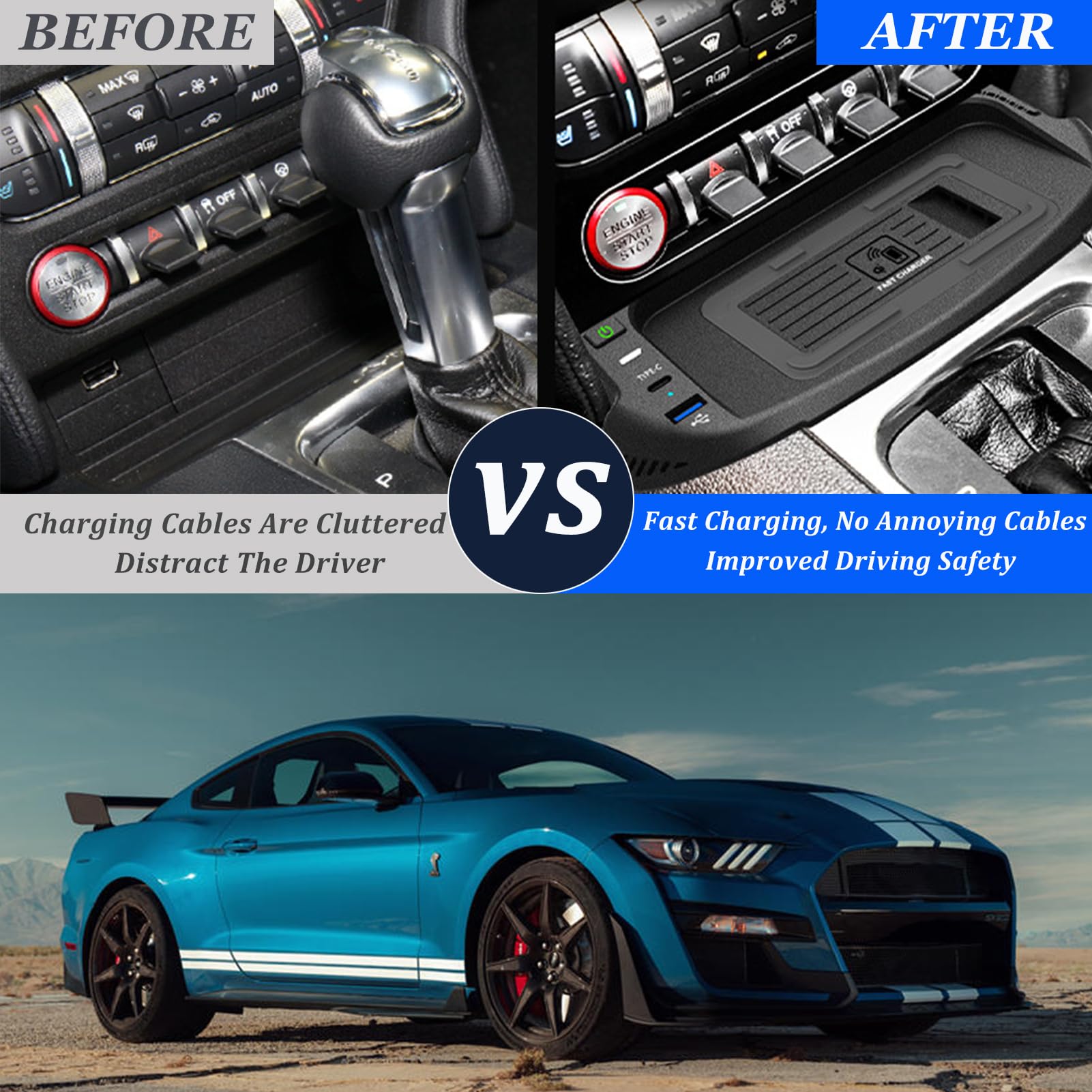 2024 Kngiybo Nuova Caricatore Wireless Auto per Ford Mustang (2015-2023),Caricabatterie Wireless Veloce per Telefoni Con QI,Regali Di Festa per La Famiglia, Ricarica Wireless da 15 W + Ricarica Rapida