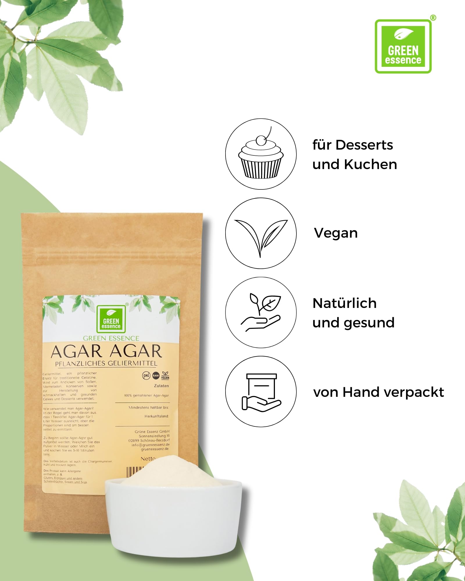 Agar Agar 500g von der Grünen Essenz Natürliches Pflanzliches Veganes Geliermittel Agar-Agar Pulver Gelatine Ersatz als Verdickungsmittel Vegane Gelatine ohne Schweinefleisch Stärke 940 (500 Gramm)