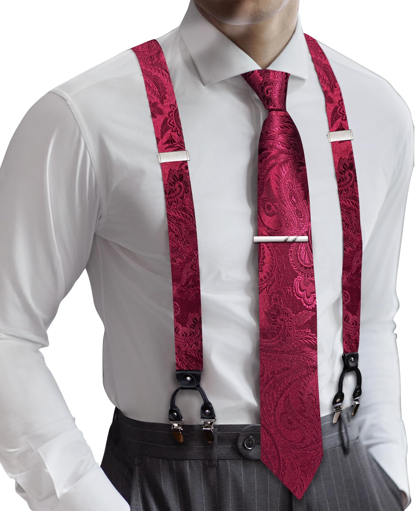 Barry.Wang Men Suspender Tie Sets Elastic Heavy 6 Clips Hanky Cufflink 5PCS | Classic Suspender Set for Man Necktie Y Type Adjustable Heavy Duty 6 Clips Braces Pocket Square Cufflinks Party