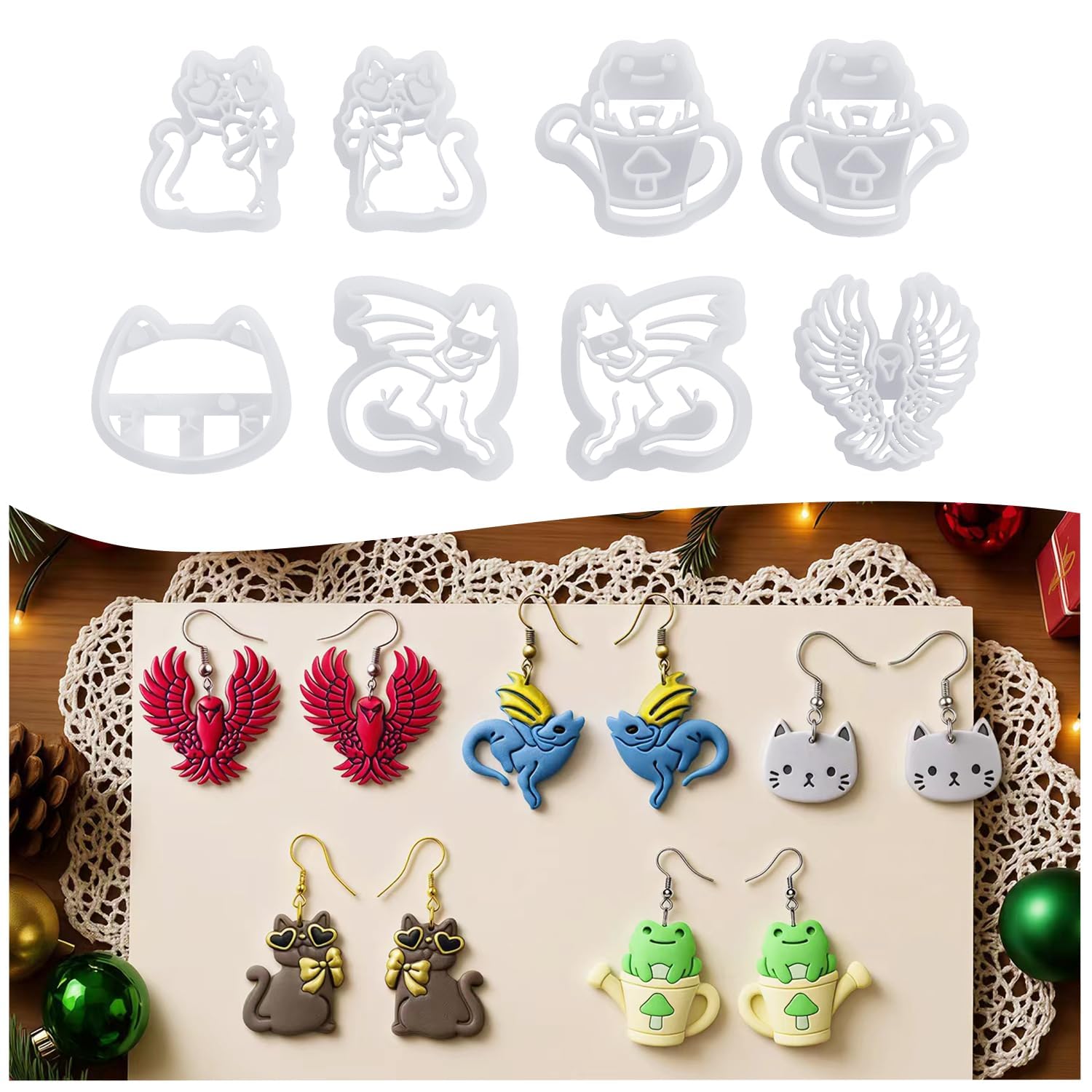 8pcs Animal Clay Cutters for Polymer Clay Earrings | Cat, Frog, Dragon and Bird Shapes for Handmade Clay Earrings, Charms, Pendants and Craft Accessories