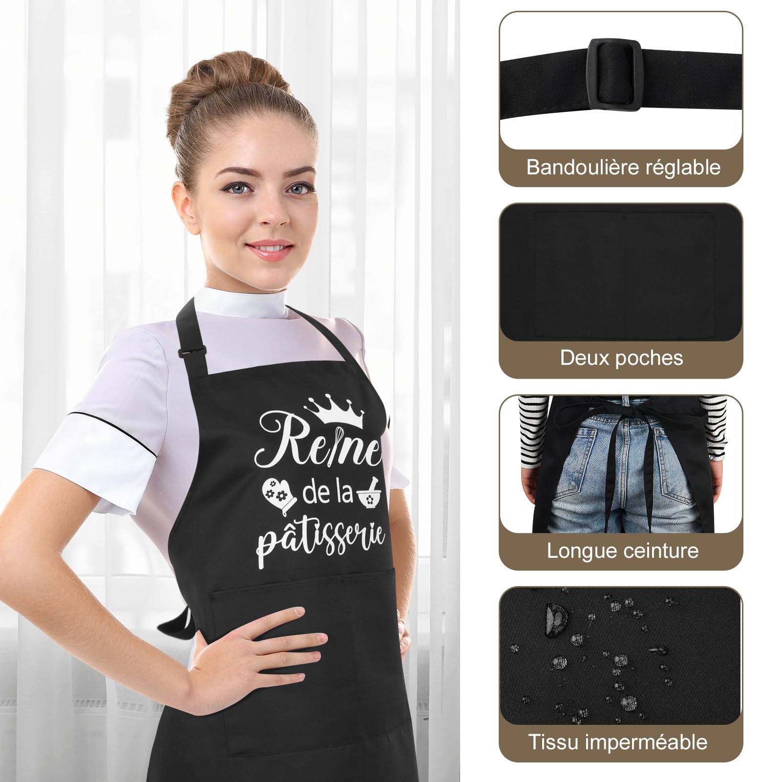 Tablier de Cuisine Réglable et Étanche pour Femme - avec Poches - Cadeaux pour Maman