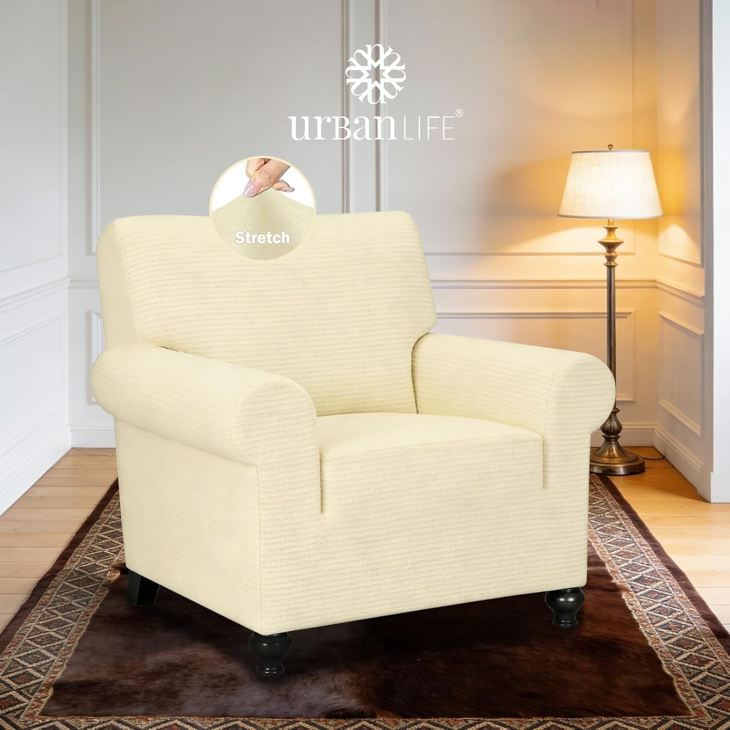 URBANLIFE 1-Piece Stretch Sofa Slipcovers for 1 Cushion Single Seat Sofa & Oversized Chair Slipcover, Super Stretch Spandex Non-Slip Cover with Elastic Bottom, Machine Washable, Cream