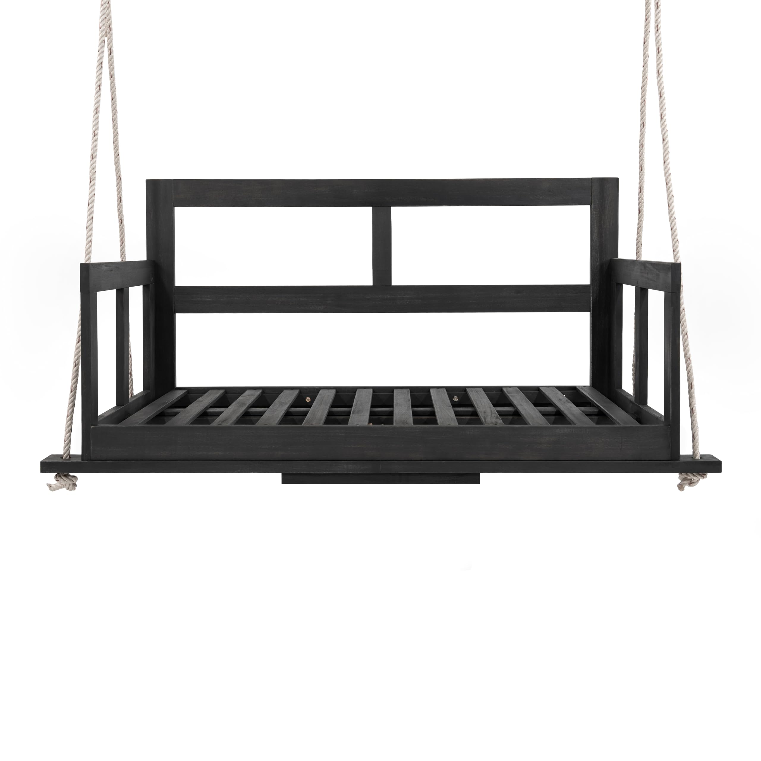 Asiento doble de columpio para jardín al aire libre, columpio colgante con cojín y dos cuerdas, cojín extraíble y lavable, de madera de acacia, color negro y beige