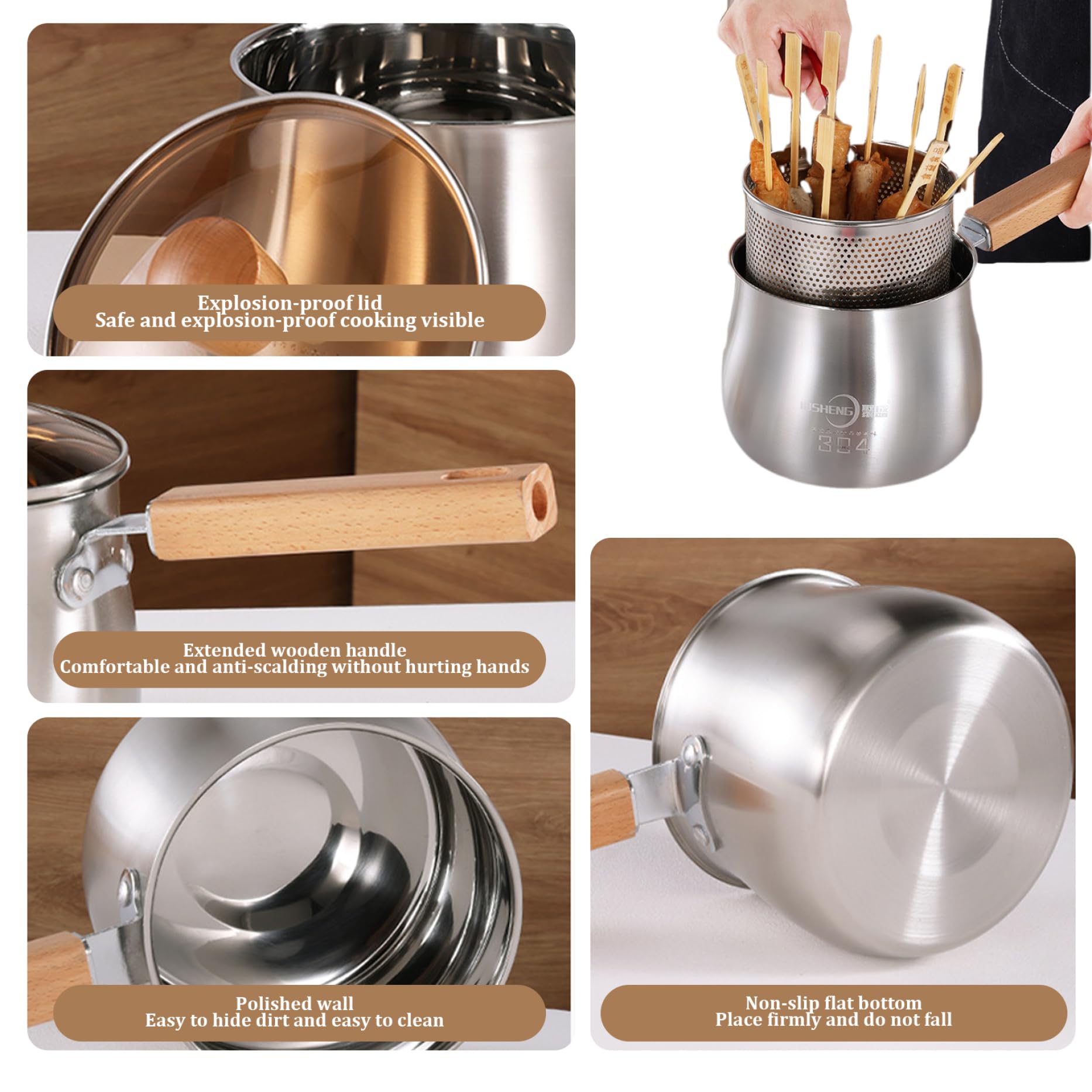 Pot de freidora 2.5L Mini freidora de acero inoxidable con canasta, tapa, pinza y mango anti-escaladrones Frey Bot para hogar, papas fritas de tempura, papas fritas, freidora pequeña con canasta fr