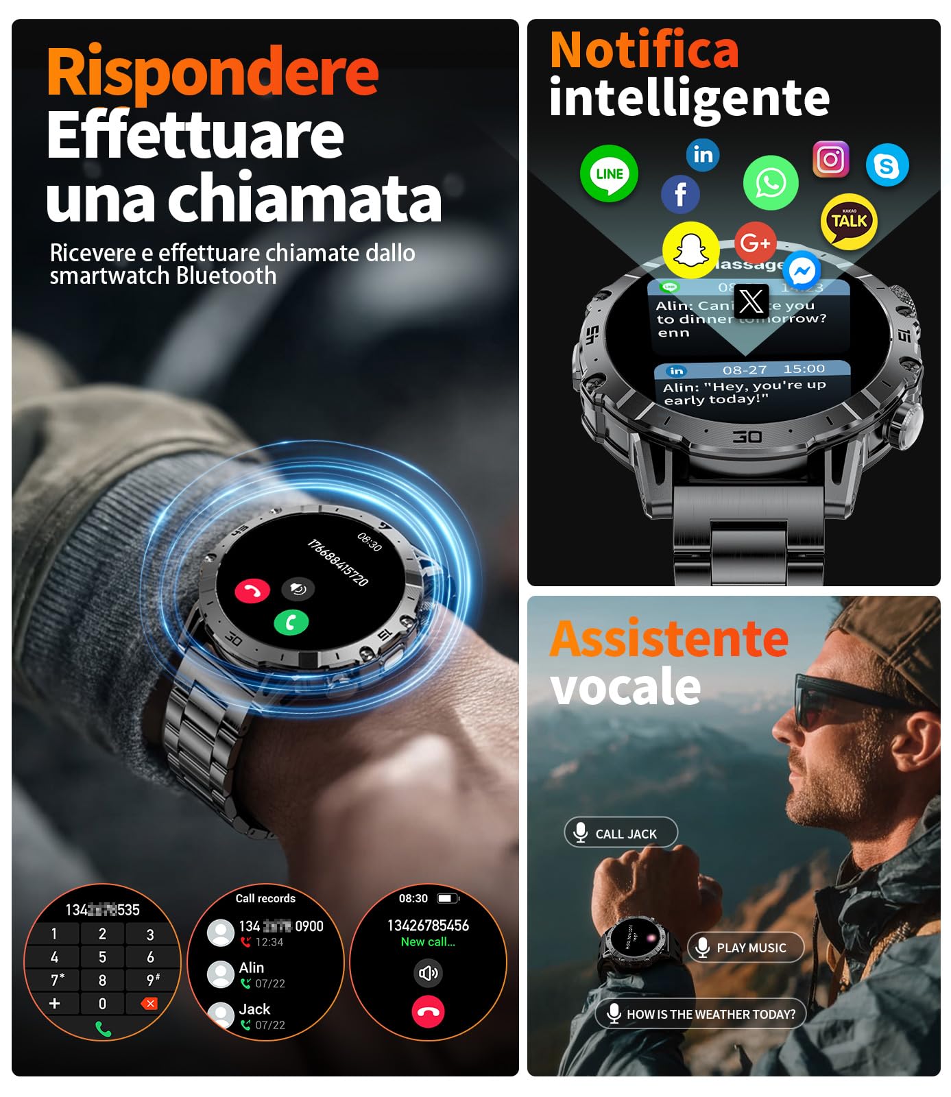 LIGE Smartwatch Uomo con 1000mAh/Torcia LED,Chiamata Bluetooth,1.7" Smart Watch Militare con 110+ Modalità Sportive,Impermeabile,Frequenza Cardiaca, Android iOS,3 Braccialetti+2 Caricabatterie,EF18-A