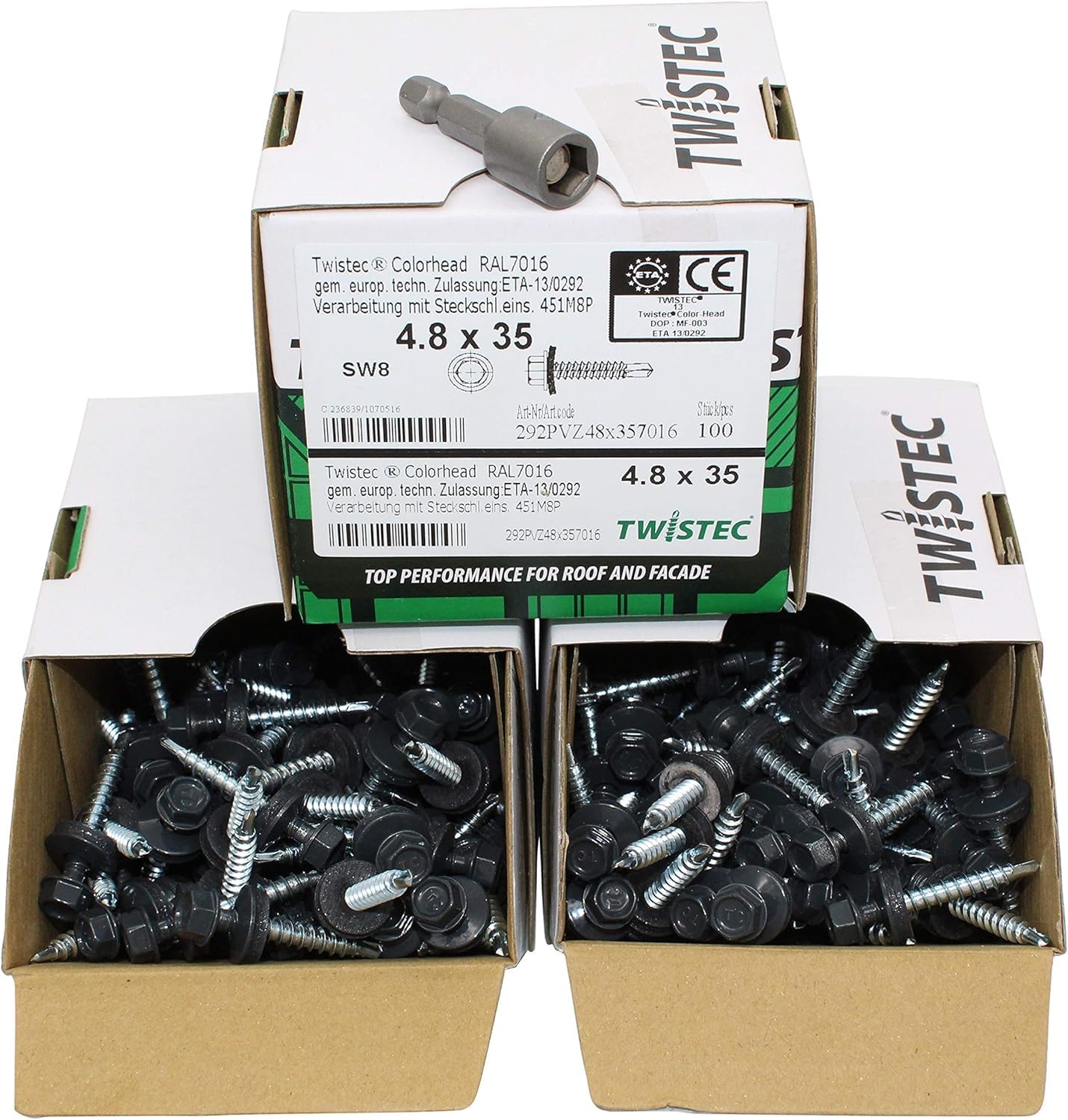 Lot de 300 vis auto-perceuses en tôle, couleur de la tête trapézoïdale : Gris anthracite (RAL7016), 4,8 x 35 mm, homologuées par l’UE, avec Clé à douille SW8