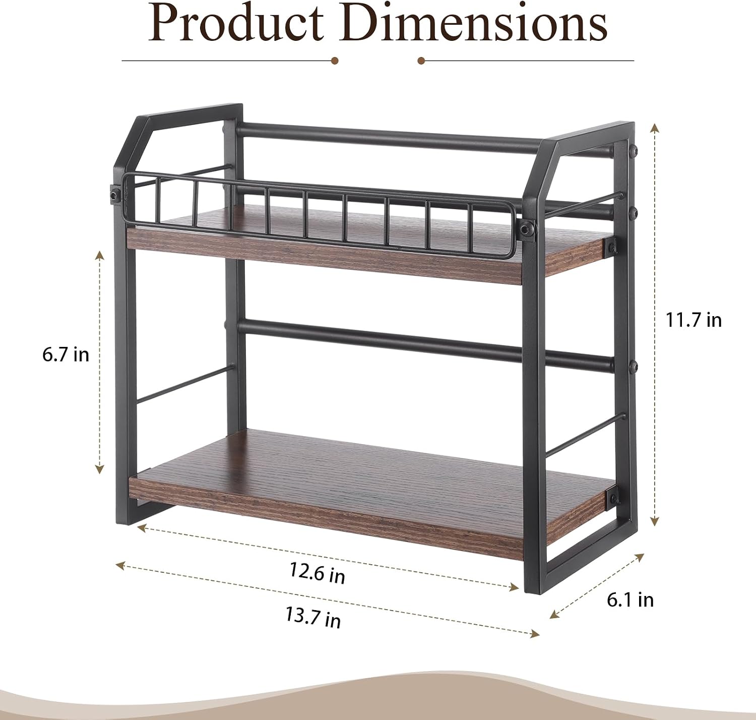 2-Tier CD Storage Rack, Metal Wood CD Storage Shelf, Organizer Rack with Non Slip Pads & Raised Guardrail, 11 lbs Load Capacity, Open Countertop Stand for Office, Kitchen