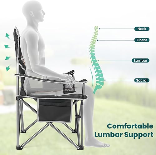 Miniatura 7 de SMUG Silla de campamento de gran tamaño con reposabrazos acolchado, soporte lumbar, marco de acero, incluye bolsa enfriadora, soporte para tazas de