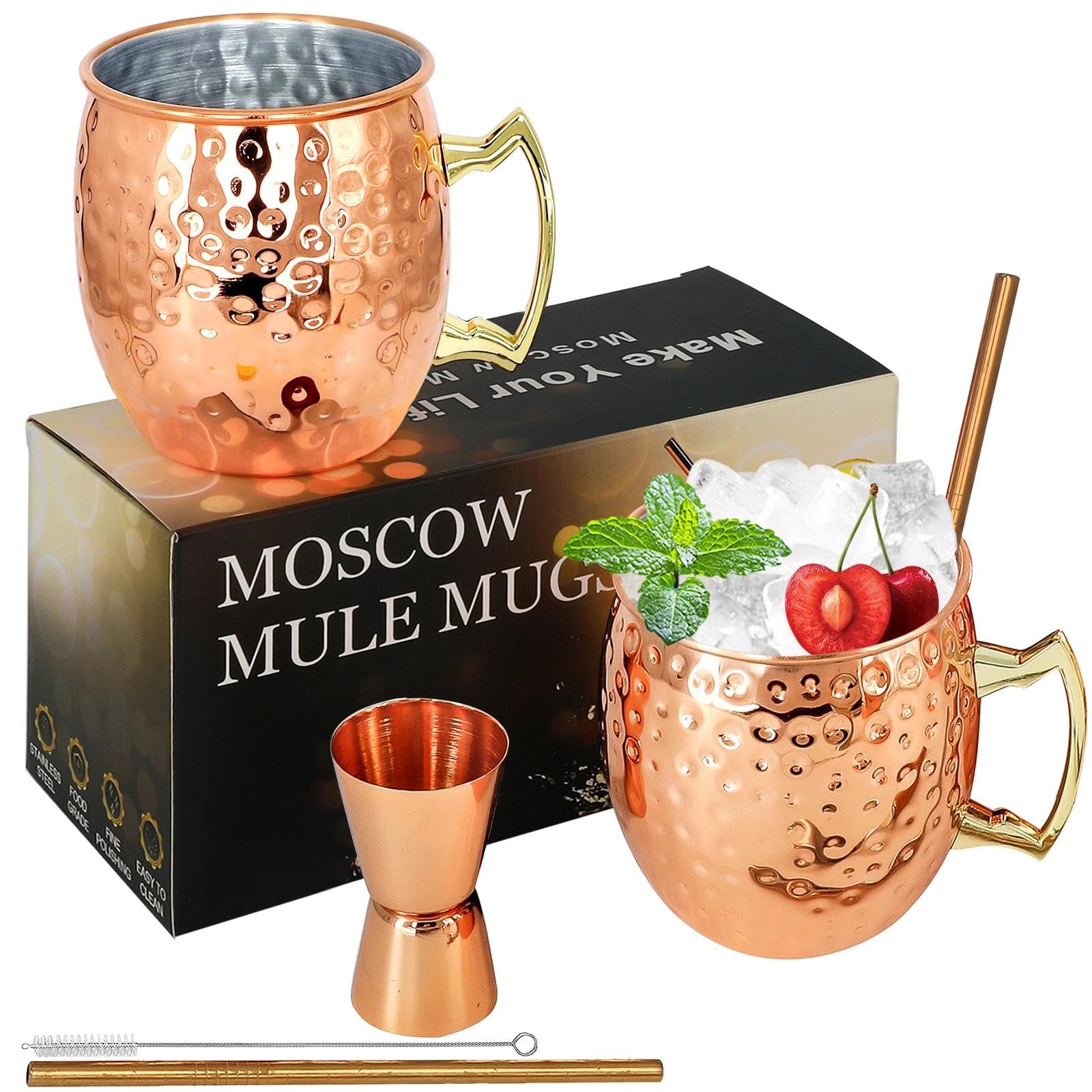 SuproBarware Moscow Mule Copper Mugs Set of 2 - 18 Oz Stainless Steel Cups, Food Safe Hammered Mugs for Cocktails, Water, Cold Drinks