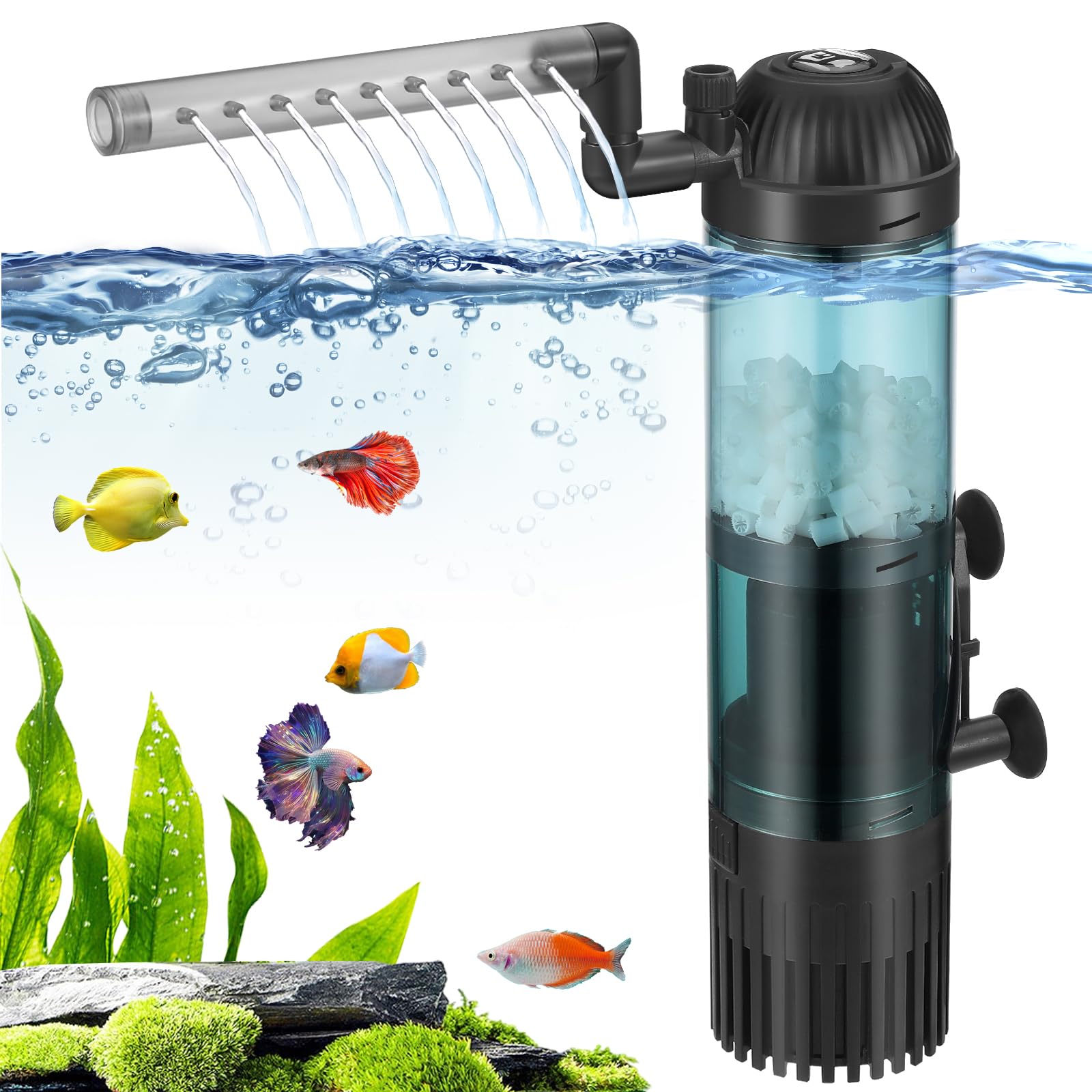 SOUSLOW 6W Filtro de Acuario Interno con Flujo 500L/H Filtración, Oxigenación, Circulación para Agua Limpia, Flujo de Aire Ajustable, bajo Ruido y Silencioso