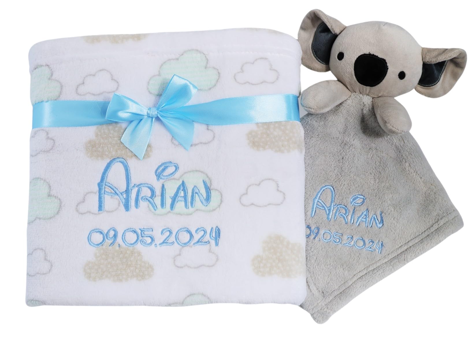 BotoBaby® GESCHENKSET Babydecke mit Namen und Datum Bestickt + Schmusetuch mit Namen ★ Geschenk ★Geburt ★ Taufe ★ (Grau - Koala)
