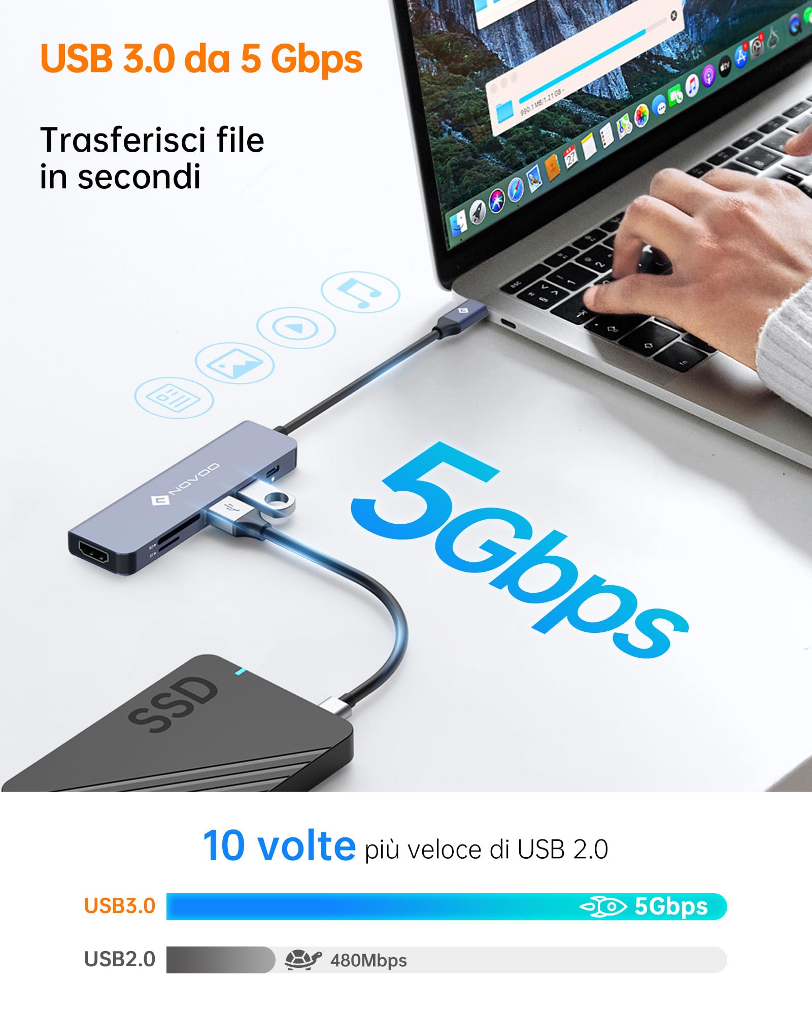 NOVOO Multi-Port USB C Hub, 6 w 1 USB C do HDMI Adapter z 100W PD ładowaniem, HDMI 4K, 2 USB 3.0 porty, SD/Micro SD czytnik, dla MacBook Air/PRO i innych urządzeń typu C (Cable10cm)