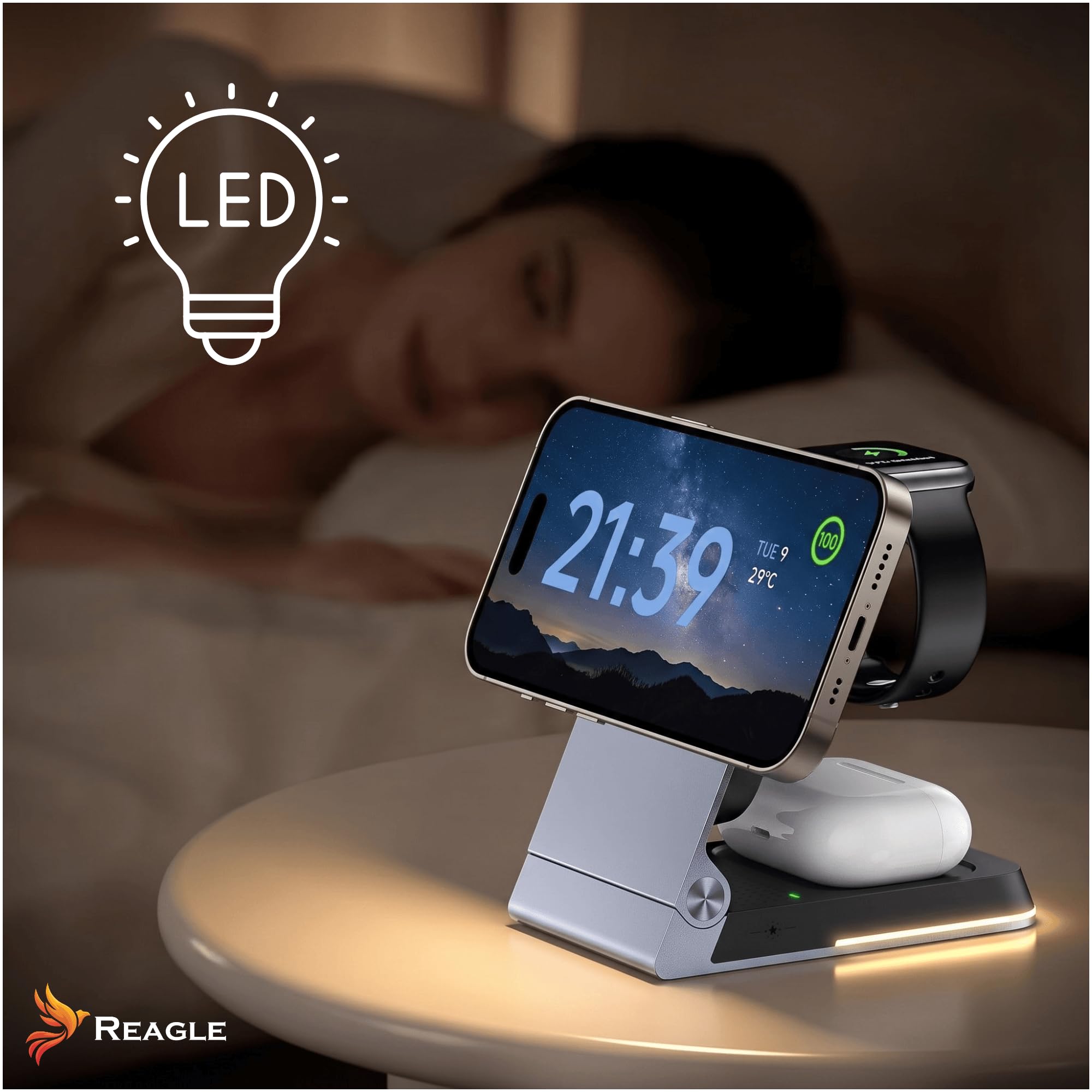 Reagle Station de Charge sans Fil Qi2 3-en-1 15 W, Chargeur Magnétique Pliable, Compatible avec iPhone 17/16/15/14/13/12, Apple Watch, AirPods, Pixel, Veilleuse, USB-C, Graphite