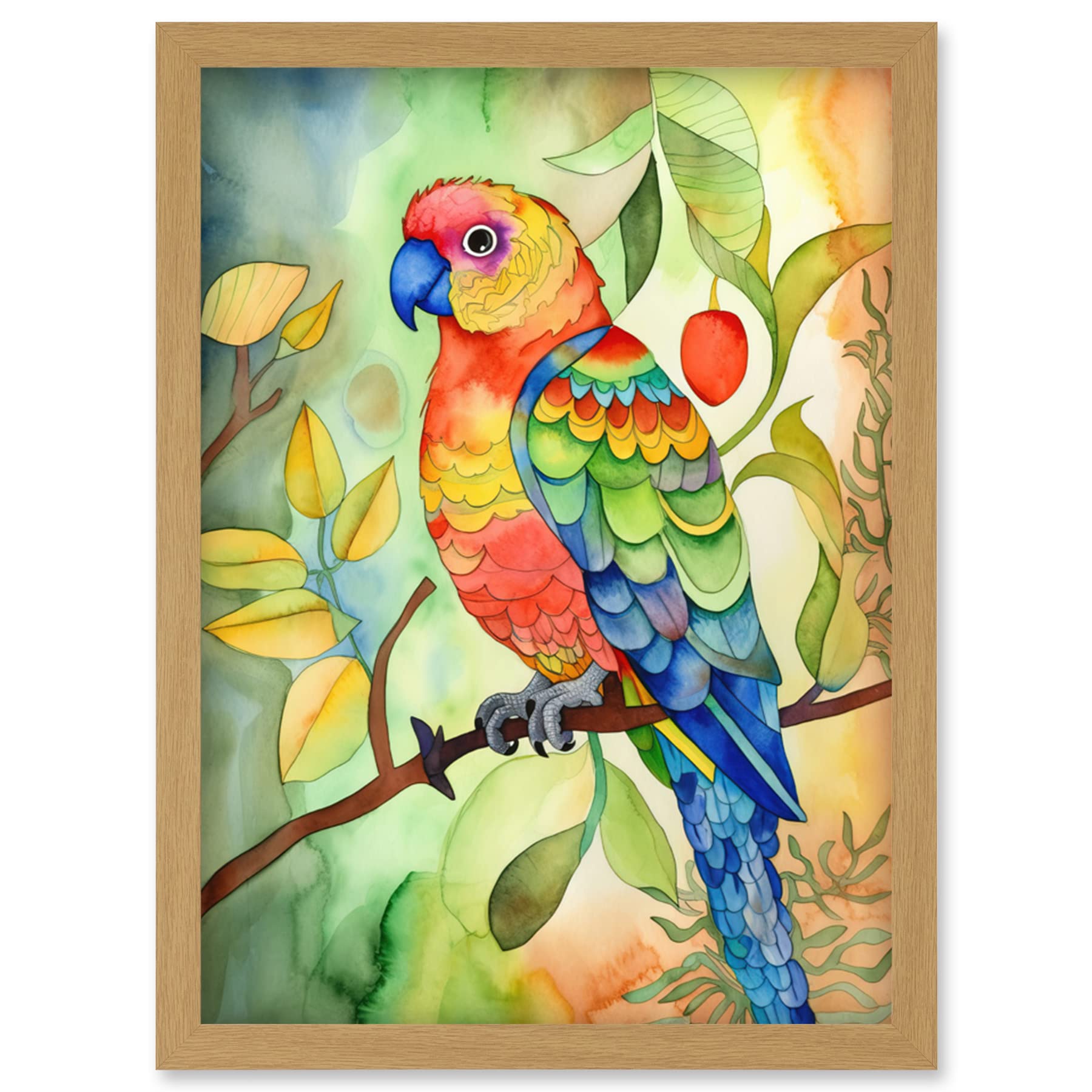 Artery8 Parrot Bird On Tree Branch Folk Art Watercolour Painting Artwork Framed Wall Art Print A4