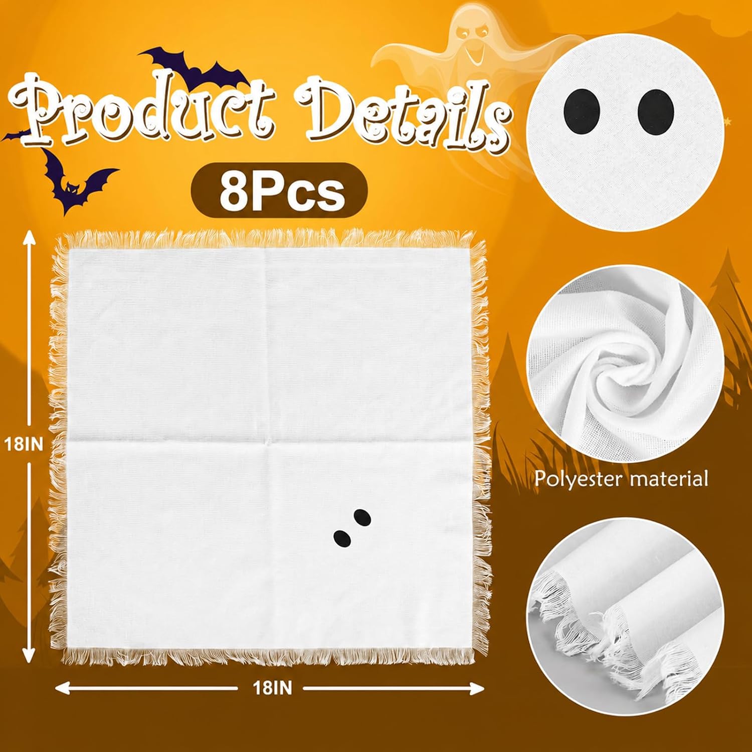Whaline 8 Pcs Halloween Cloth Napkins with Fringe Spooky White Ghost Dinner Napkin Washable Reusable Cotton Napkin for Halloween Party Home Kitchen Dining Table Decoration, 18 x 18 Inch