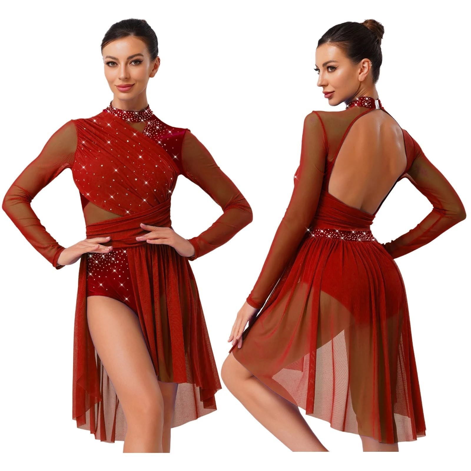 Glitzerndes Eiskunstlaufkleid for Damen, unregelmäßiges Mesh-Patchwork, Farbverlauf, Kostüm for Gymnastik, Ballett und lyrischen Tanz für Damen