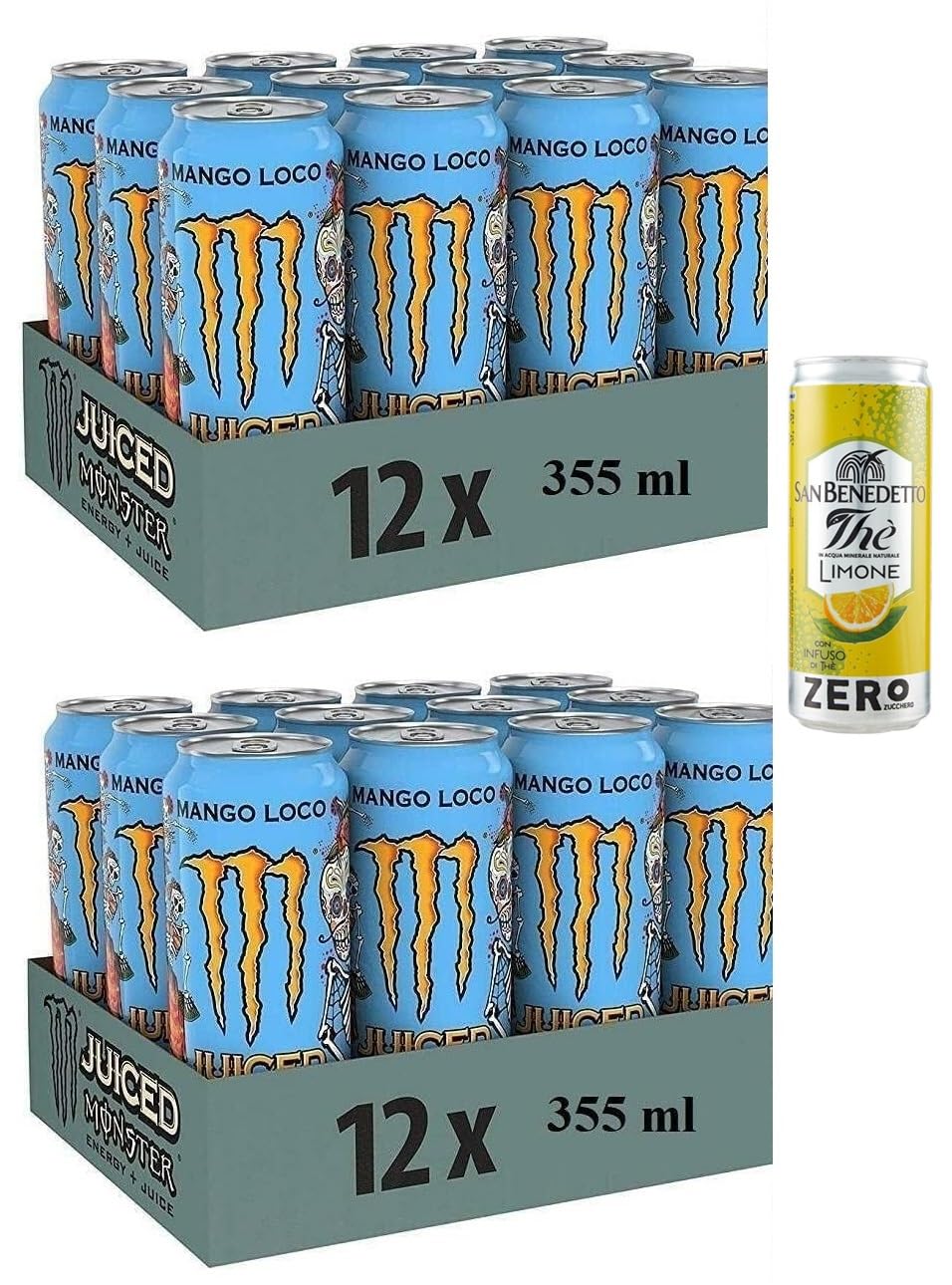 Juego de 24 bebidas energéticas refrescantes y sin alcohol con sabor exótico, caja desechable de 355 ml + 1 caja de té helado San Benedetto con limón sin azúcar, 330 ml