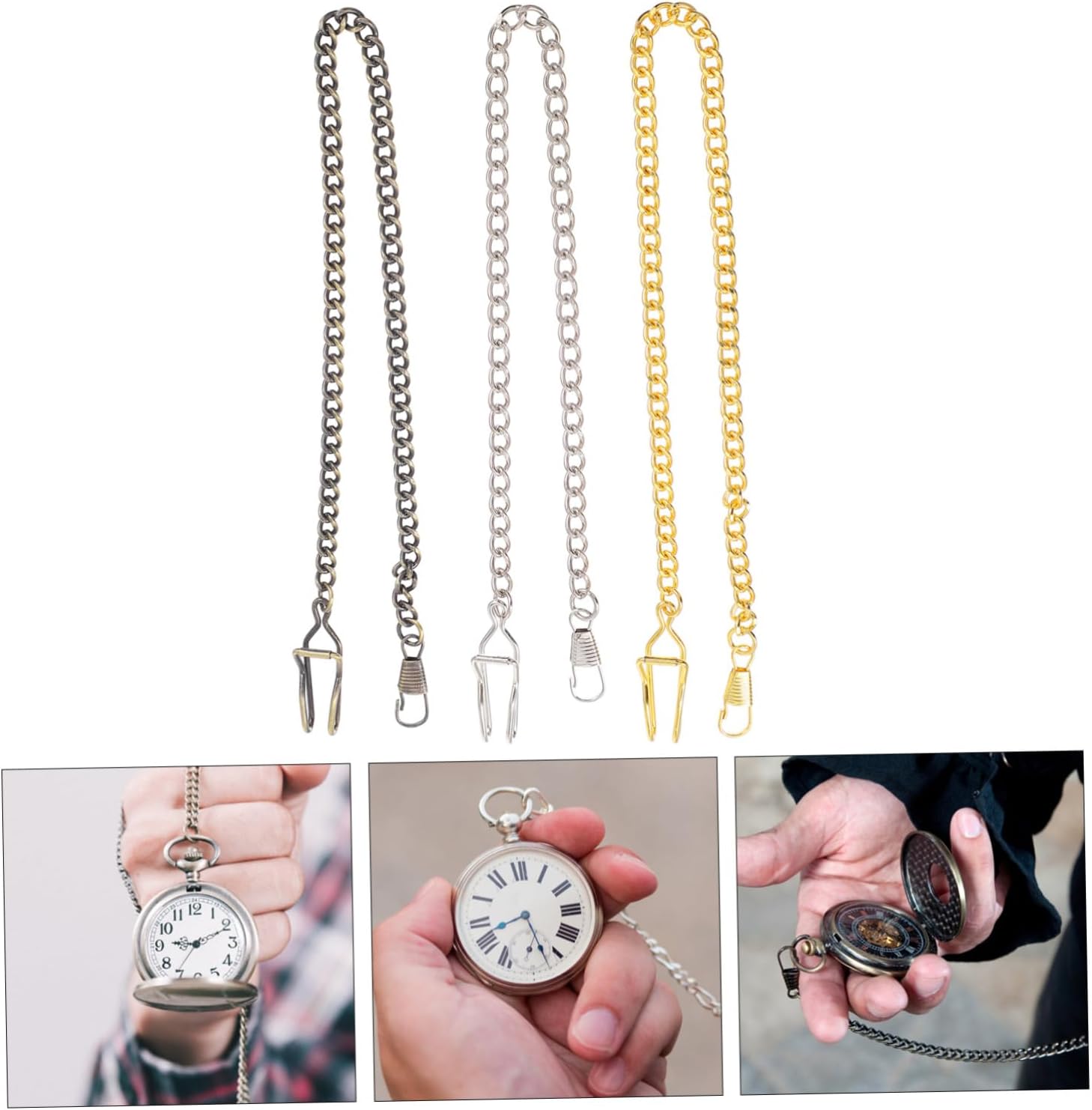 CHILDWEET 3pcs Vintage Pocket Watch Chains for Necklace Making Antique and Styles Decorative Chains for Men and Women