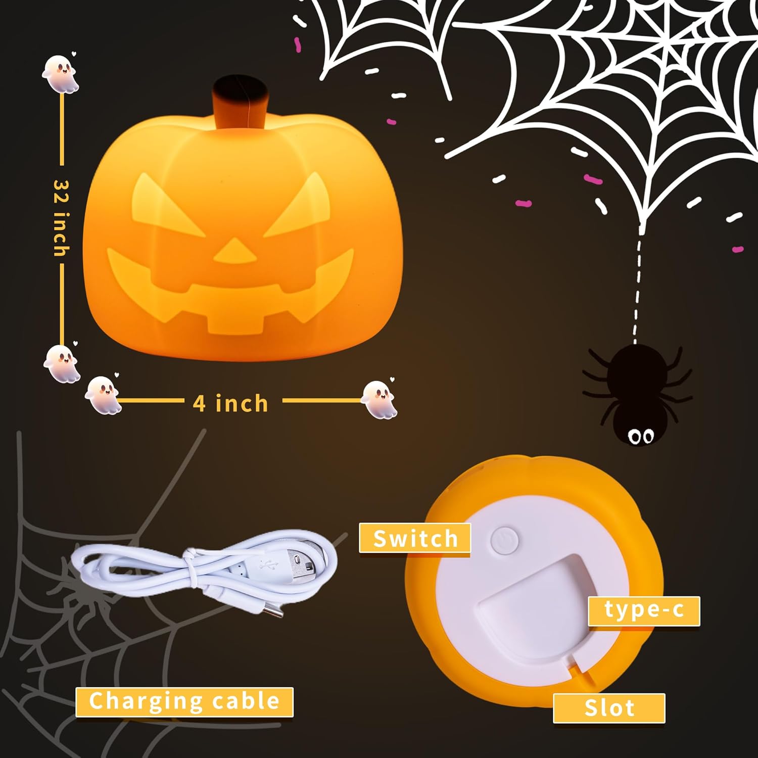 2pcs Pumpkin Night Light, 5-Color Dimmable LED Lamp with Touch Control and Auto-Switch Modes Nursery Nightlights Decor for Kids, Rechargeable Halloween Lantern Cute Silicone Light for Woman and Kids