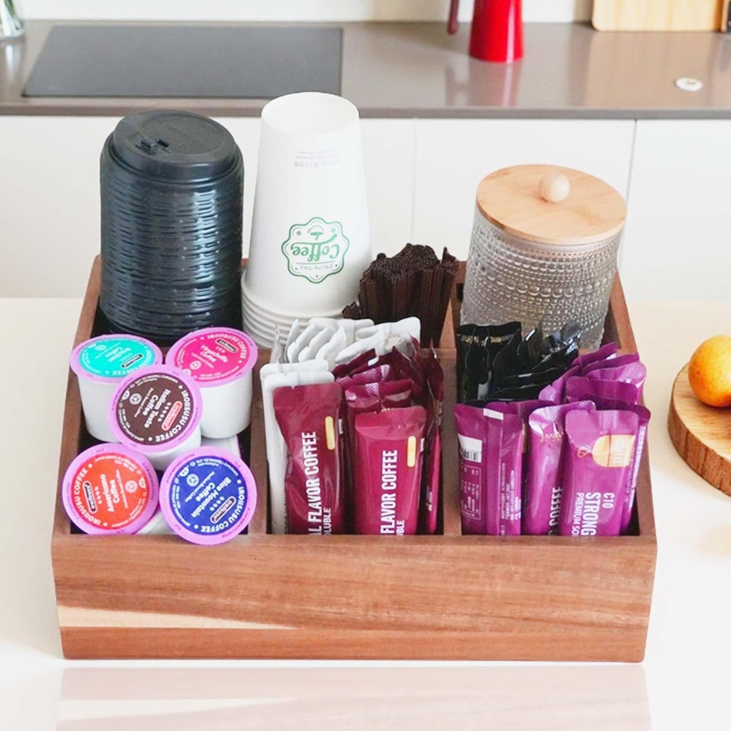 Acacia Wood Coffee Bar Organizer, Multi-Compartment Coffee Station Caddy for Countertop, Stylish Organizer for Home & Office (yellow)