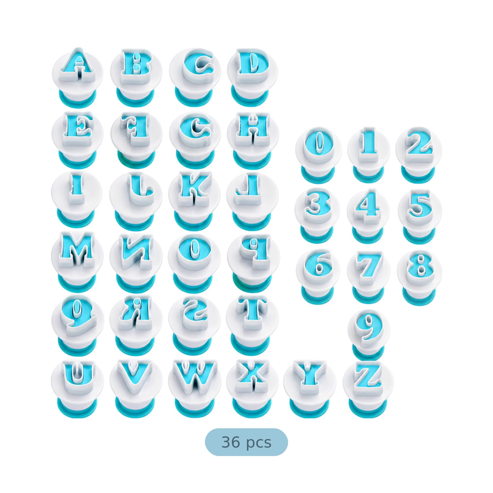 Lot de 36 emporte-pièces alphabet et chiffres, 1,2 in / 3 cm, plastique bleu, moules pour fondant, biscuits et décoration de gâteaux, lettres et nombres pour créations personnalisées
