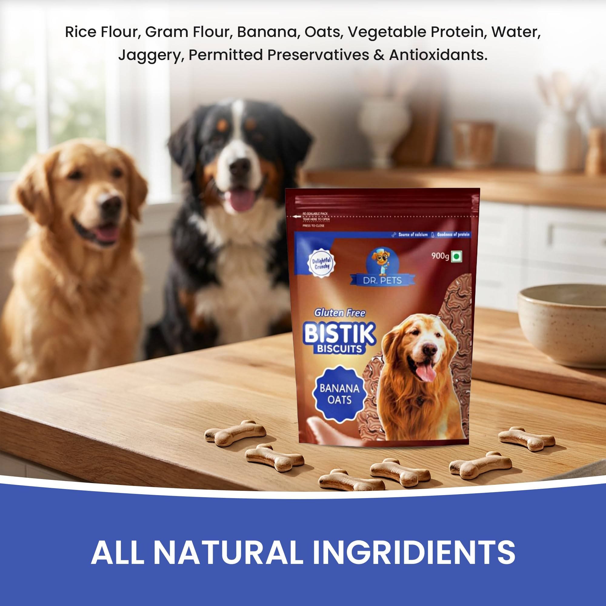 Dr.Pets Bistik Dog Food Adult - Dog Biscuits for Adult Dog & Puppy, Gluten Free Healthy Treats with Fresh & Natural Ingredients, Banana Oats & Chicken Liver Flavor 900g Each (Combo Pack) 2