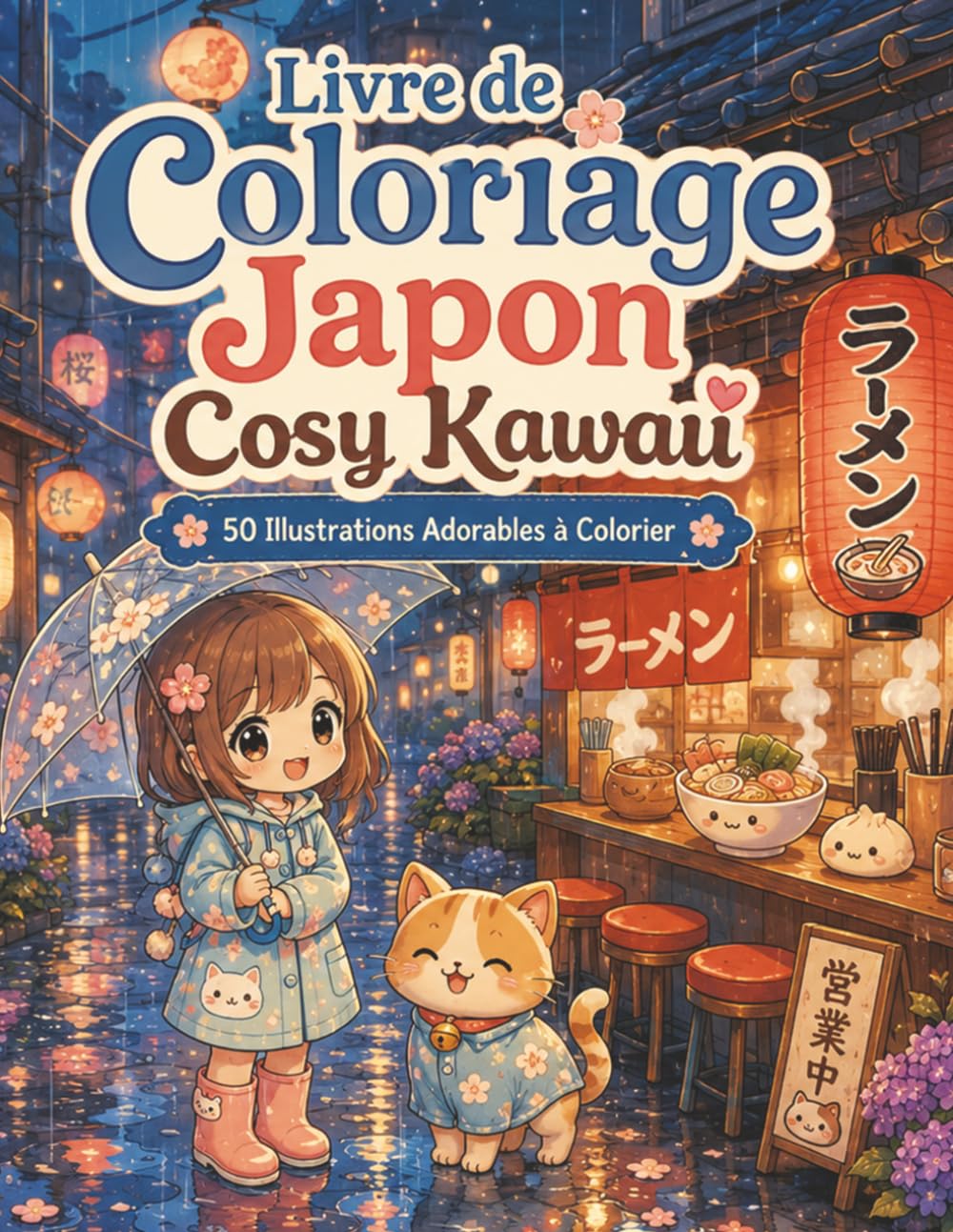 Livre de Coloriage Japon Cosy Kawaii: Dessins anti-stress en noir et blanc avec onsen, bento, cerisiers et adorables compagnons