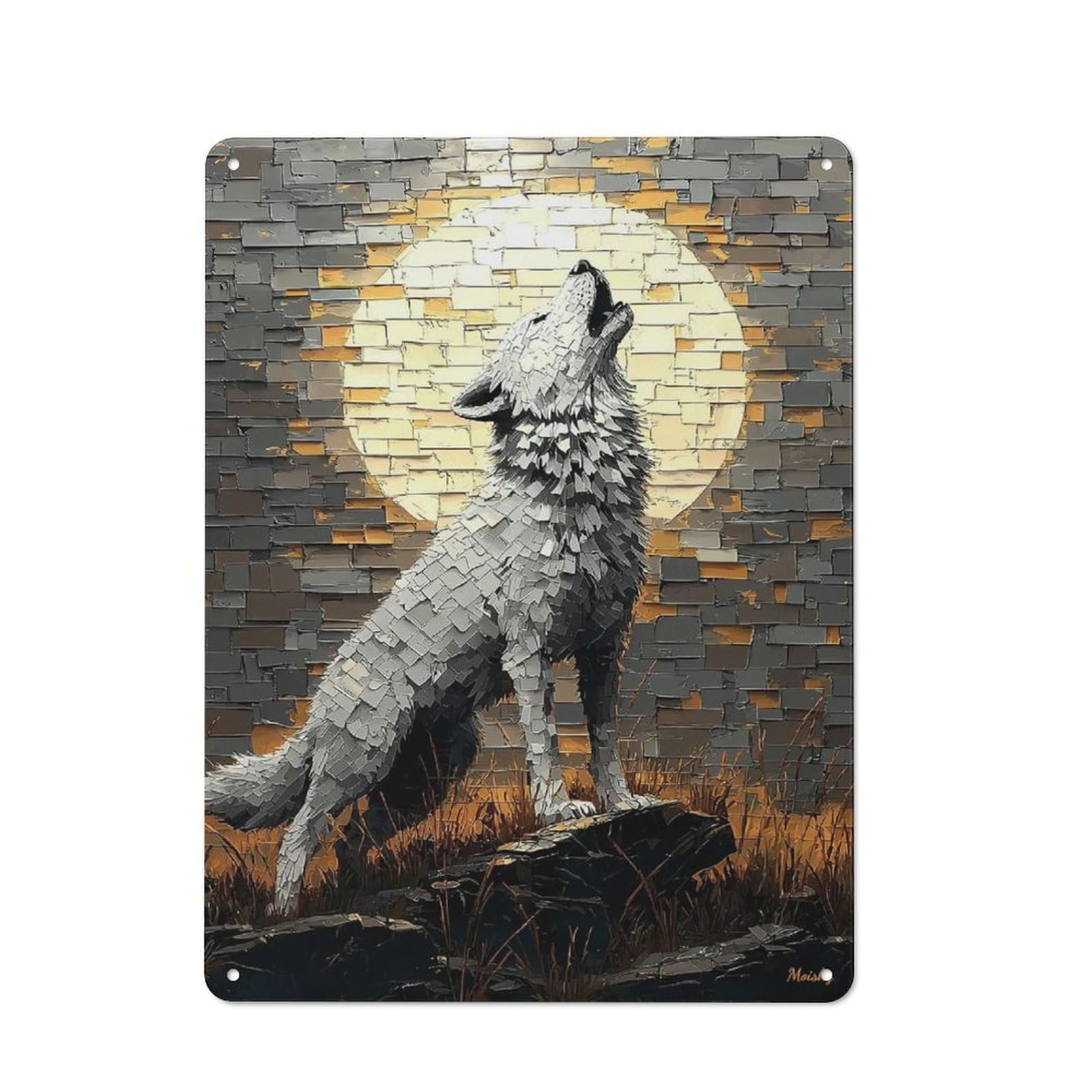 Junmoney Howling Wolf Under Moonlight – Bold Impasto A Tin Wall Plaque 40X30cm With Rtwork For Home Bar Wall, For Hosts Who Enjoy Retro Interiors Refreshing A Room In Autumn