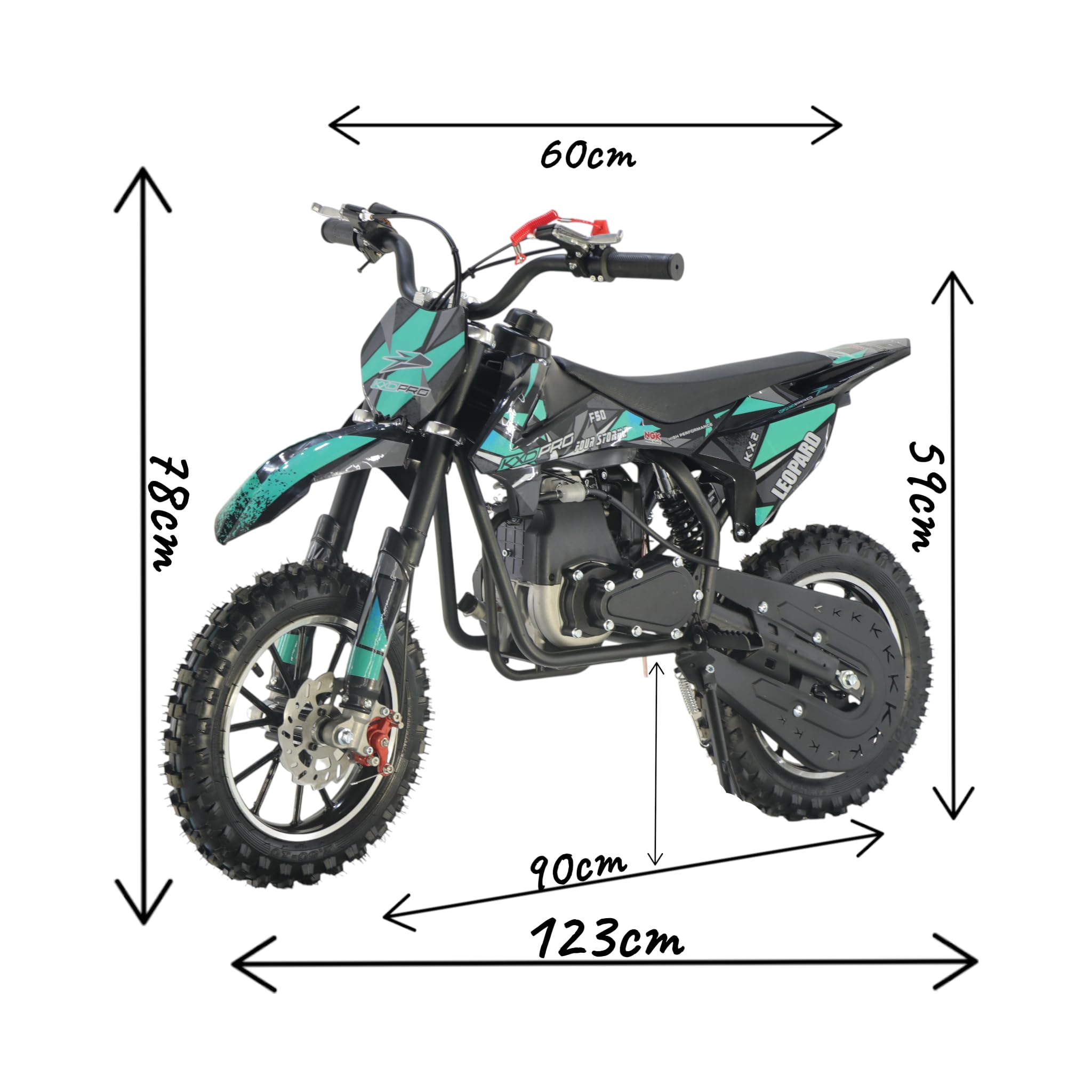KXD 705 - Moto de cross, 49 cc, motor de 4 tiempos, leopardo, dirt bike, crossbike, turquesa