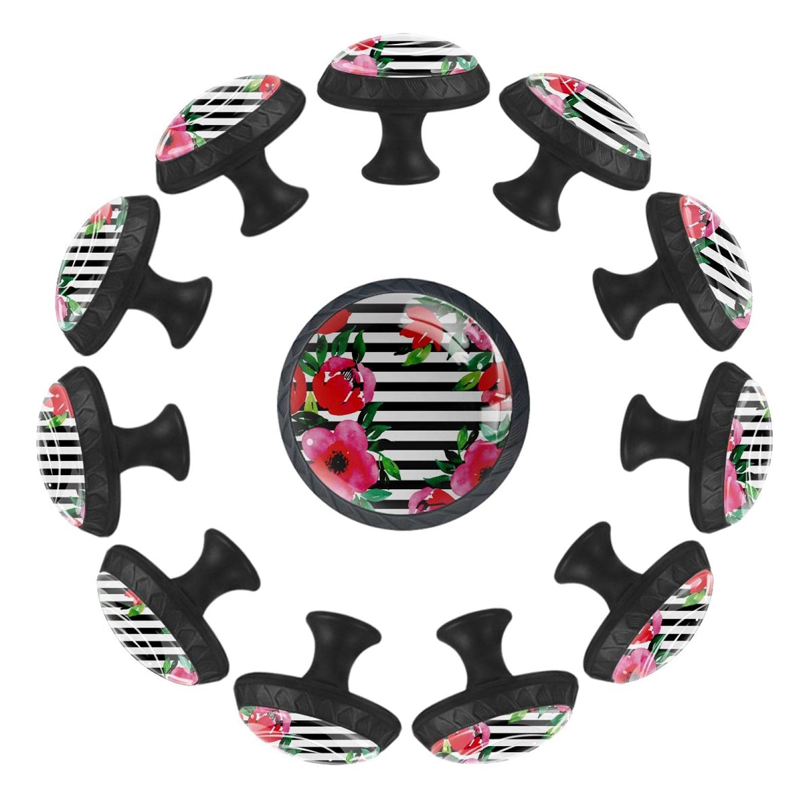 Boutons de tiroir ronds à rayures au design graphique noir et blanc 12 pièces