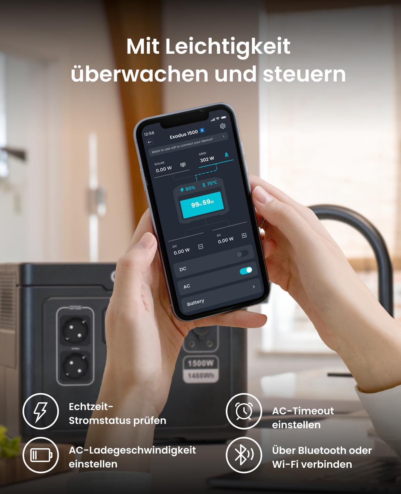 OUPES Exodus 1500 Tragbare Powerstation 1500W, 1488Wh Solargenerator mit 2 Steckdose (Boost 1700W, 3600W Spitze), Schnellladung, USV-Funktion Akku Generator für Camping, Wohnmobil, Reise