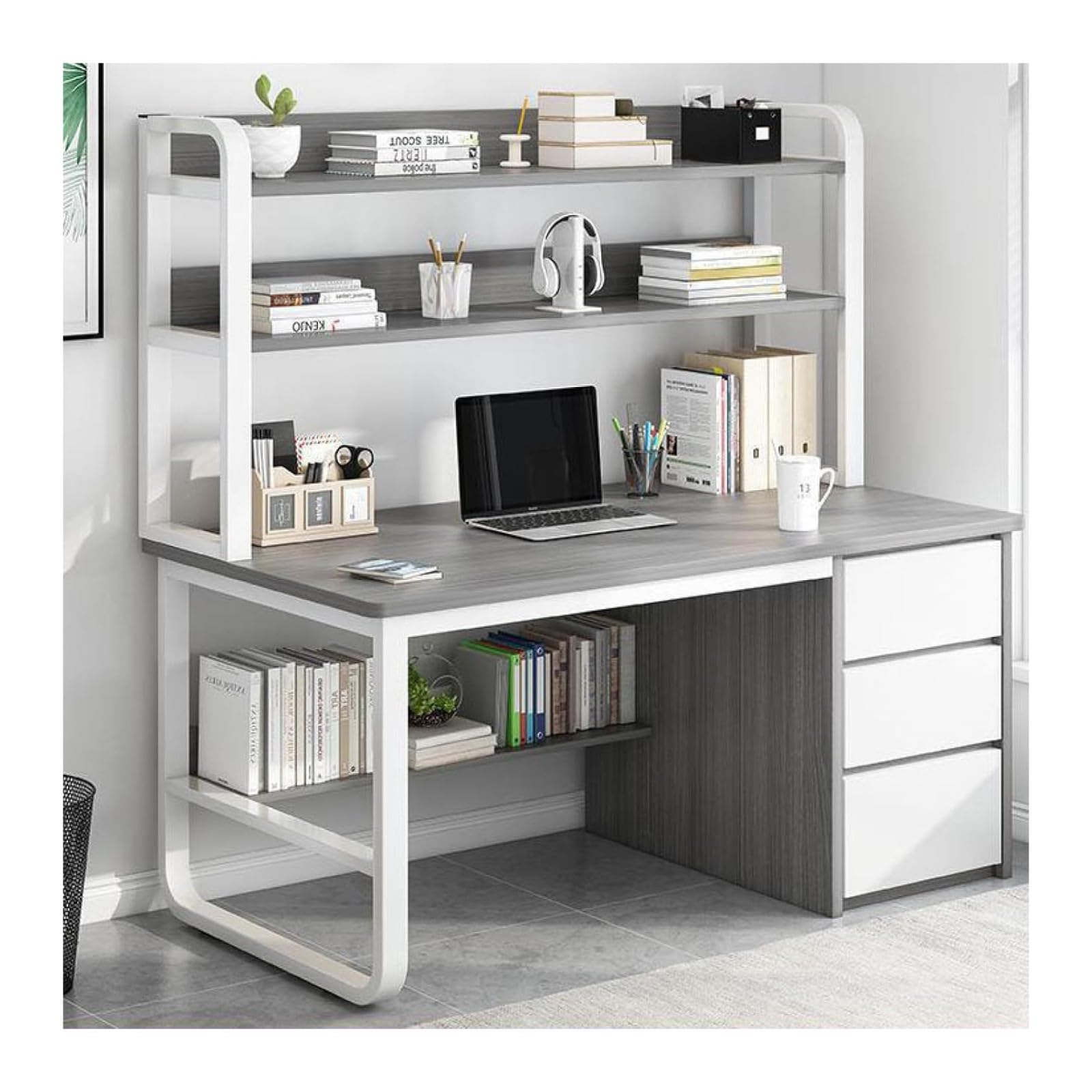 Wdsopk Gray1 Computer Desk Home Office Desk Computer Desk With 3 Drawers And Storage Shelves, Bookshelf Workstation For Study Play Work Bedroom Home Office（-100Cm）