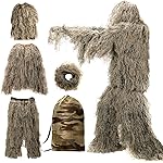 DoCred Ghillie Suit, 3D Camouflage Hunting Apparel 5 in 1 Ghillie Suit Including Jacket, Pants, Hood, Carry Bag, Camo Hunting Clothes for Men, Adults, Youth