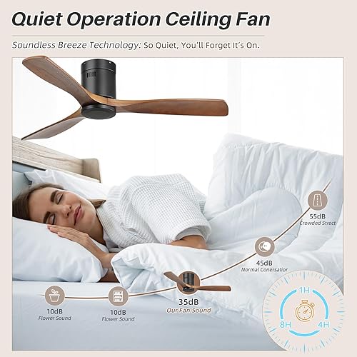 Miniatura 6 de CACI Mall 52 Inch Solid Wood Ceiling Fan without Light, Flush Mount, 3 Blade, Low Profile, Modern, Outdoor/Indoor Ceiling Fans No Light for Negro