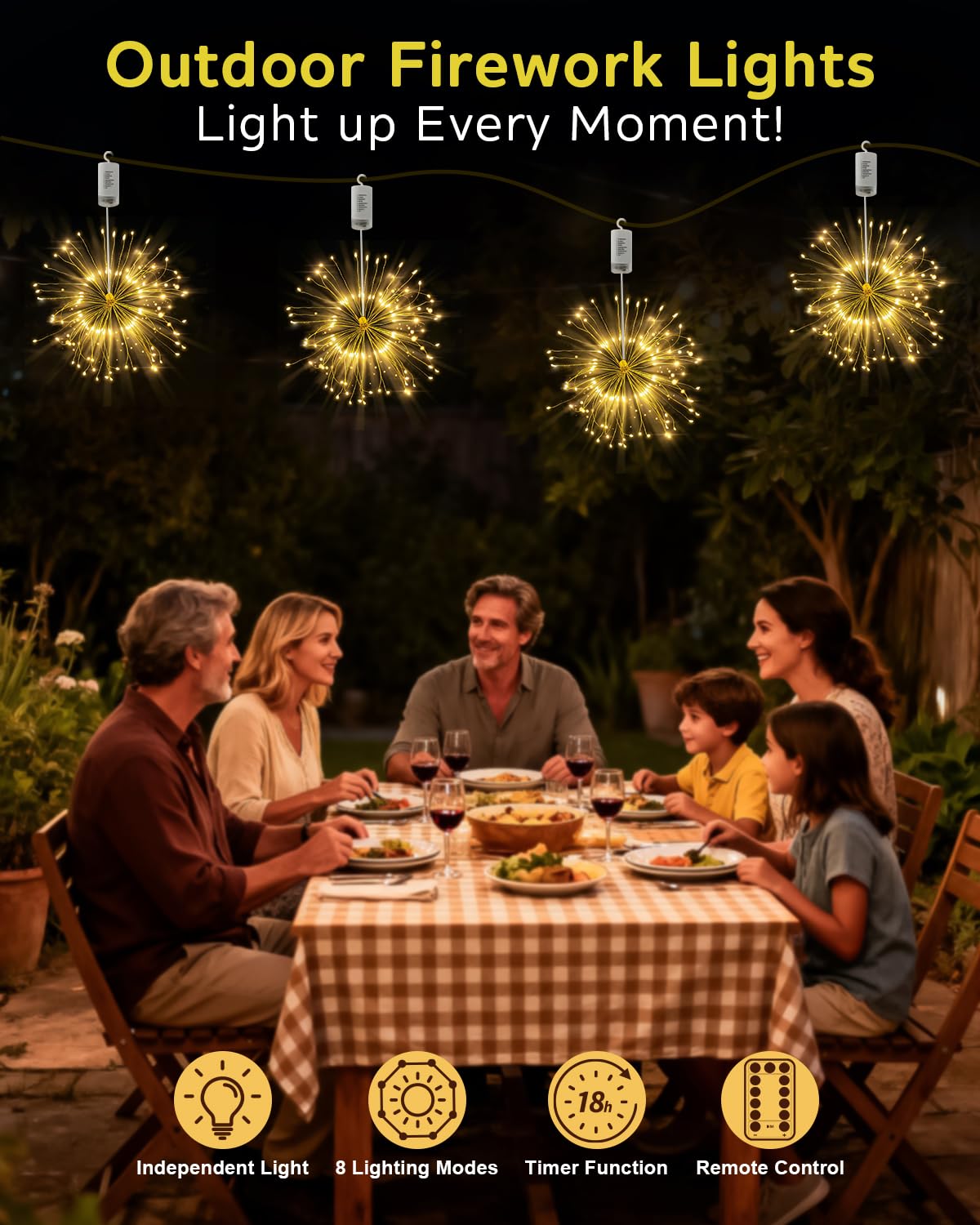 FOOING Luci Fuochi d’Artificio LED 120 LEDs, Ghirlanda a Batteria con 8 Modalità, Luci Decorative per Natale, Feste, Matrimoni, Finestre, Giardino ed Esterno