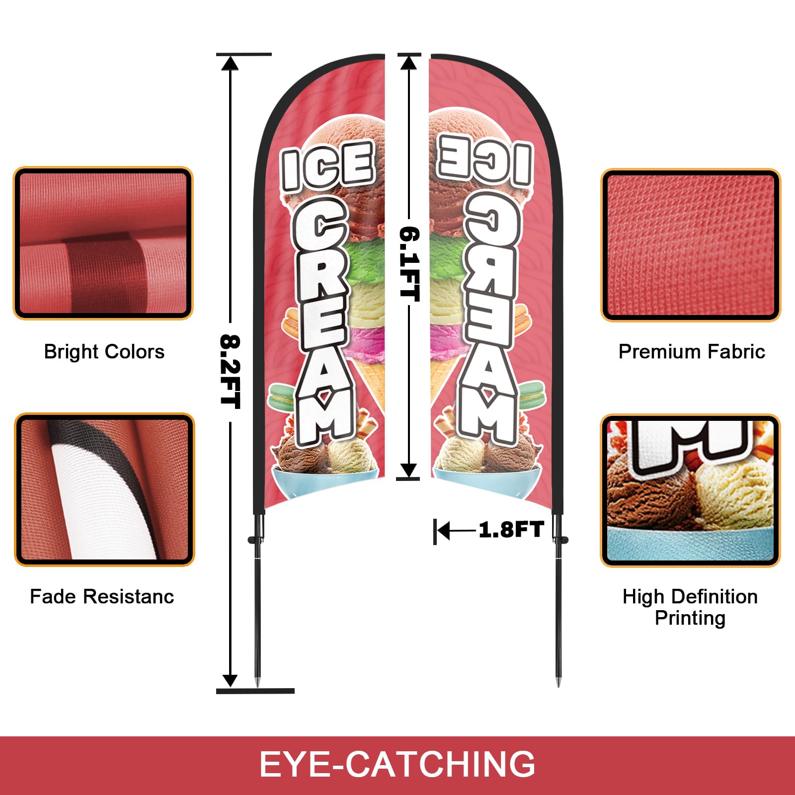Ice Cream3 Federflagge, 2,4 m, Eiscreme-Flagge mit Stangen-Set, Erdspieß, Eiscreme, 3 Schilder für Unternehmen und Schaufenster
