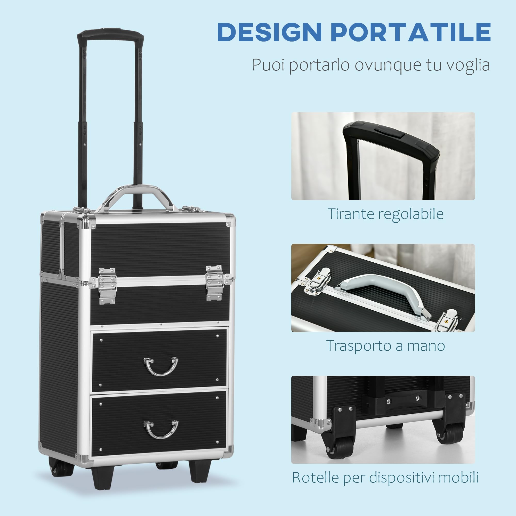 HOMCOM Valigetta Porta Trucchi Professionale, Trolley Make Up Rinforzato in MDF, Alluminio e Acciaio, Blocco con 2 Chiavi e Ruote, 36x23x58 cm, Nero
