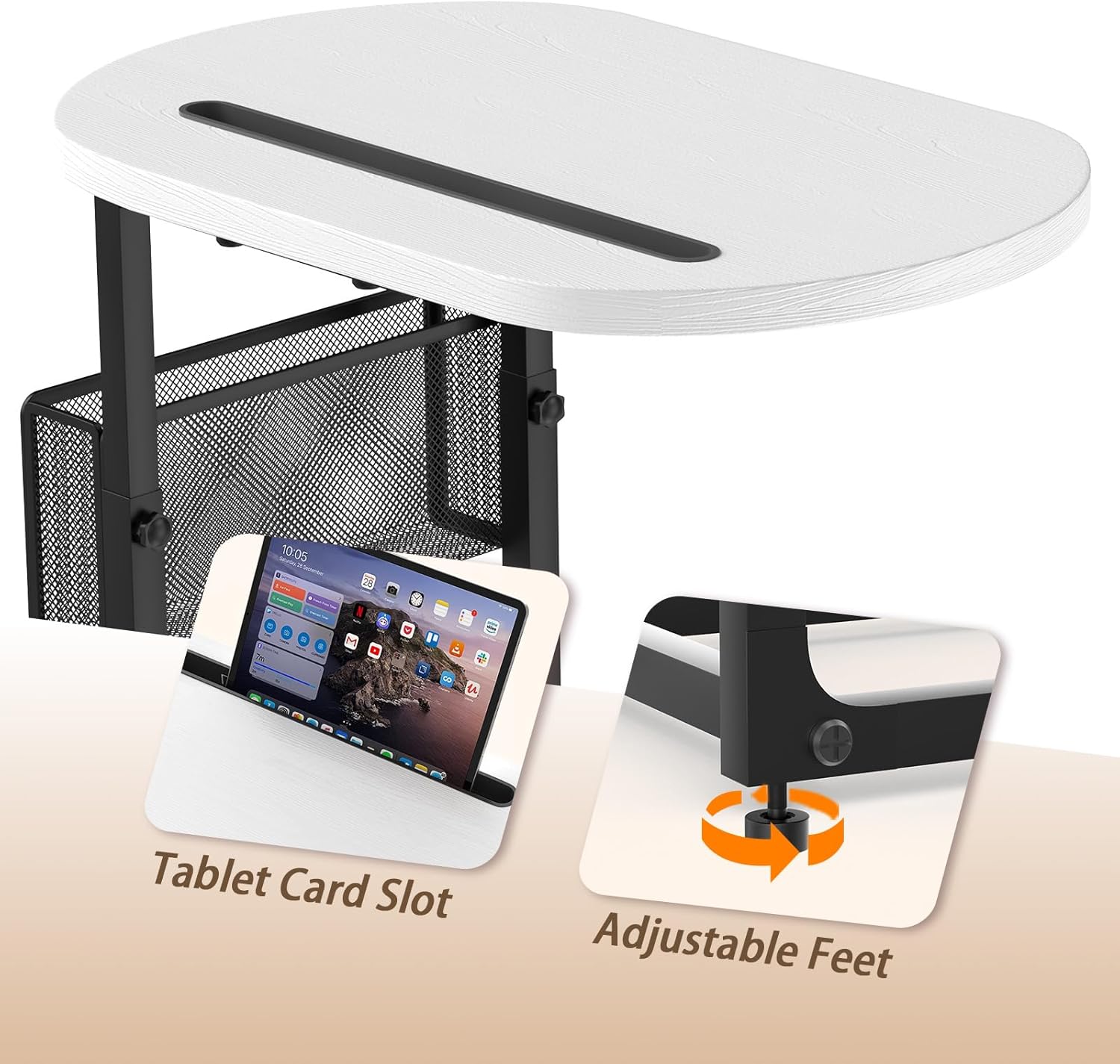 Fashion TV Tray Table with Large Tabletop, Adjustable Sofa Table with Storage Baskets, Strong Metal Frame, Tv Dinner Tray Table for TV Watching, Meals, Snacks (Oval, White, 16.93inch x 12.6inch)