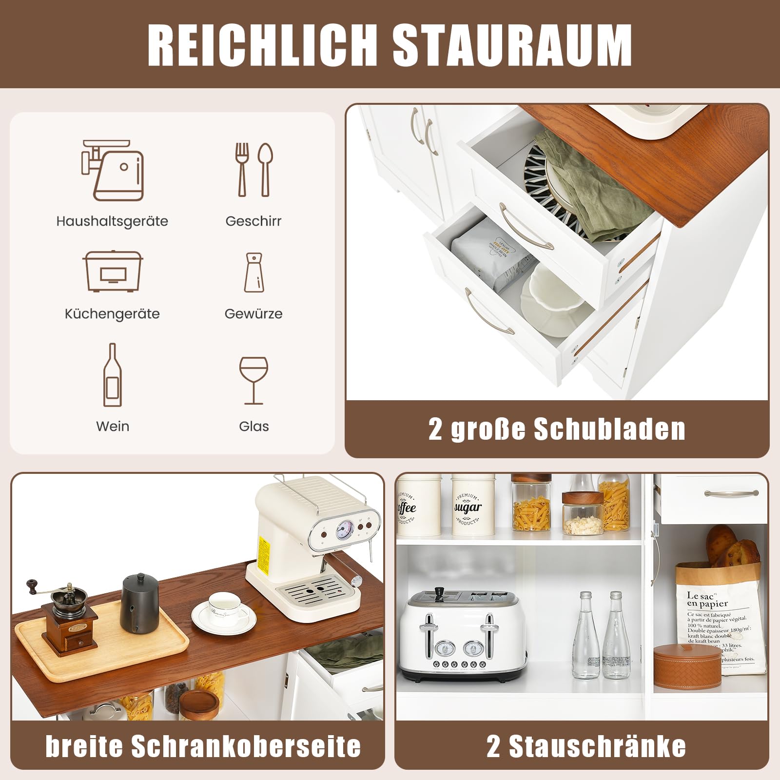 COSTWAY Sideboard weiß, Küchenschrank mit Arbeitsplatte 100 x 40cm, Buffetschrank mit Türen & Schubladen & verstellbaren Ablagen, Kücheninsel für Küche, Esszimmer (Weiß)