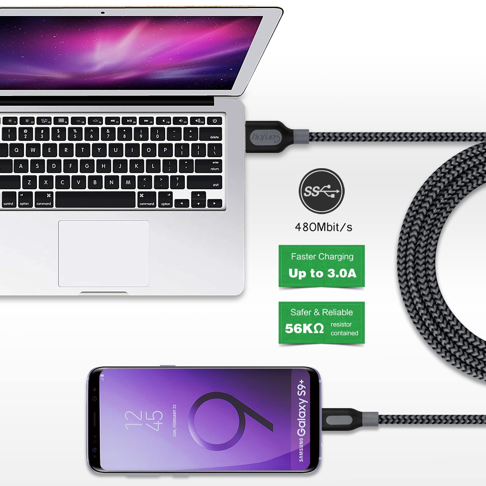 Canjoy 3pcs 10ft 2.0 USB C Cable 3m Negro Cable USB