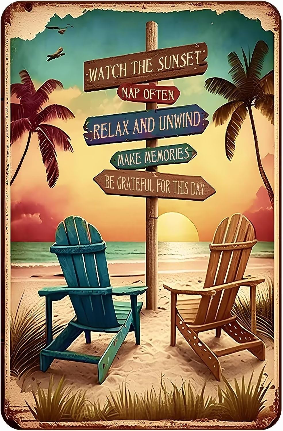 Targa Metallica Decorativa Sunset Beach - 20x30 Cm, Stile Vintage, Per Bar, Casa O Ufficio, Con Scritta Divertente