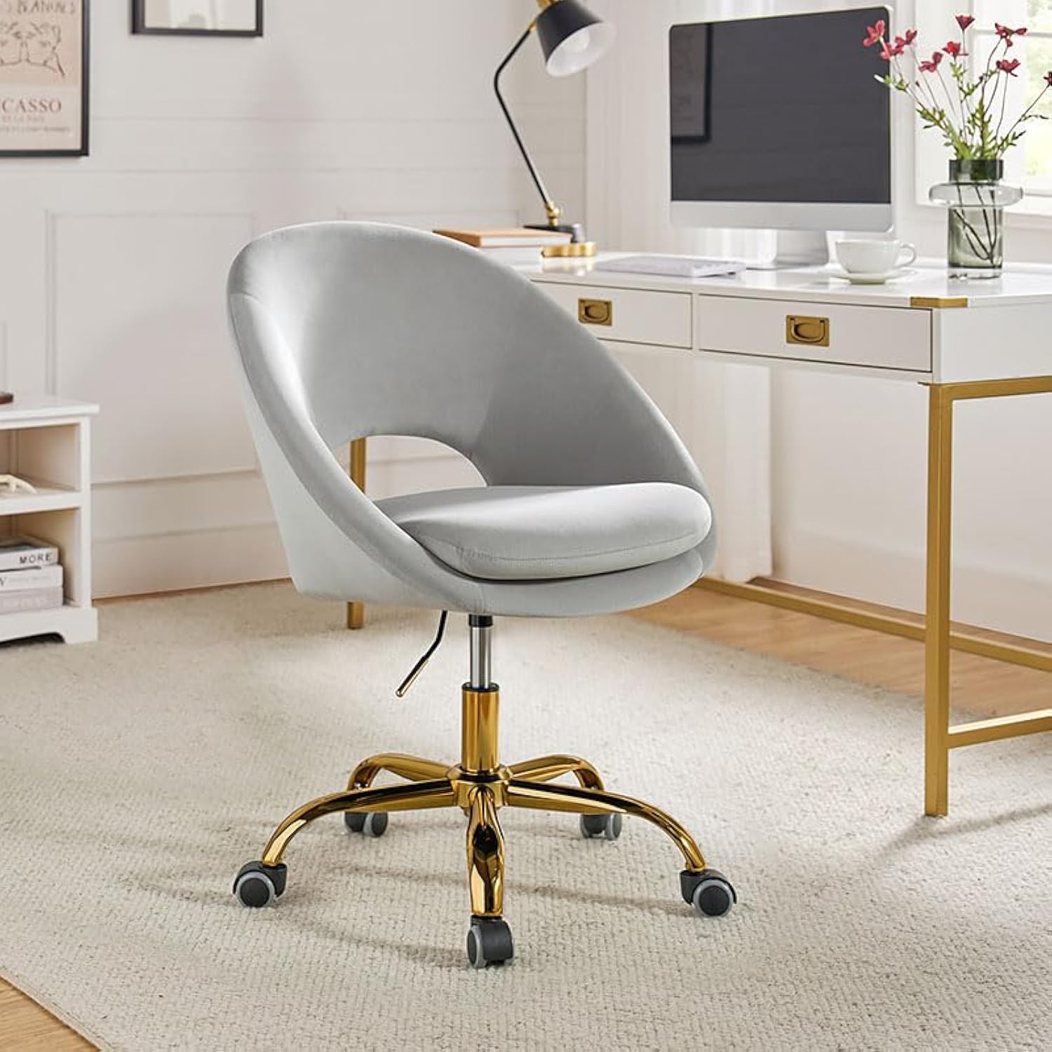 FABRICATION HAUS Silla giratoria de terciopelo para escritorio, oficina en casa, altura ajustable, cojín acolchado sin brazos, silla con base dorada para tocador de dormitorio (gris)
