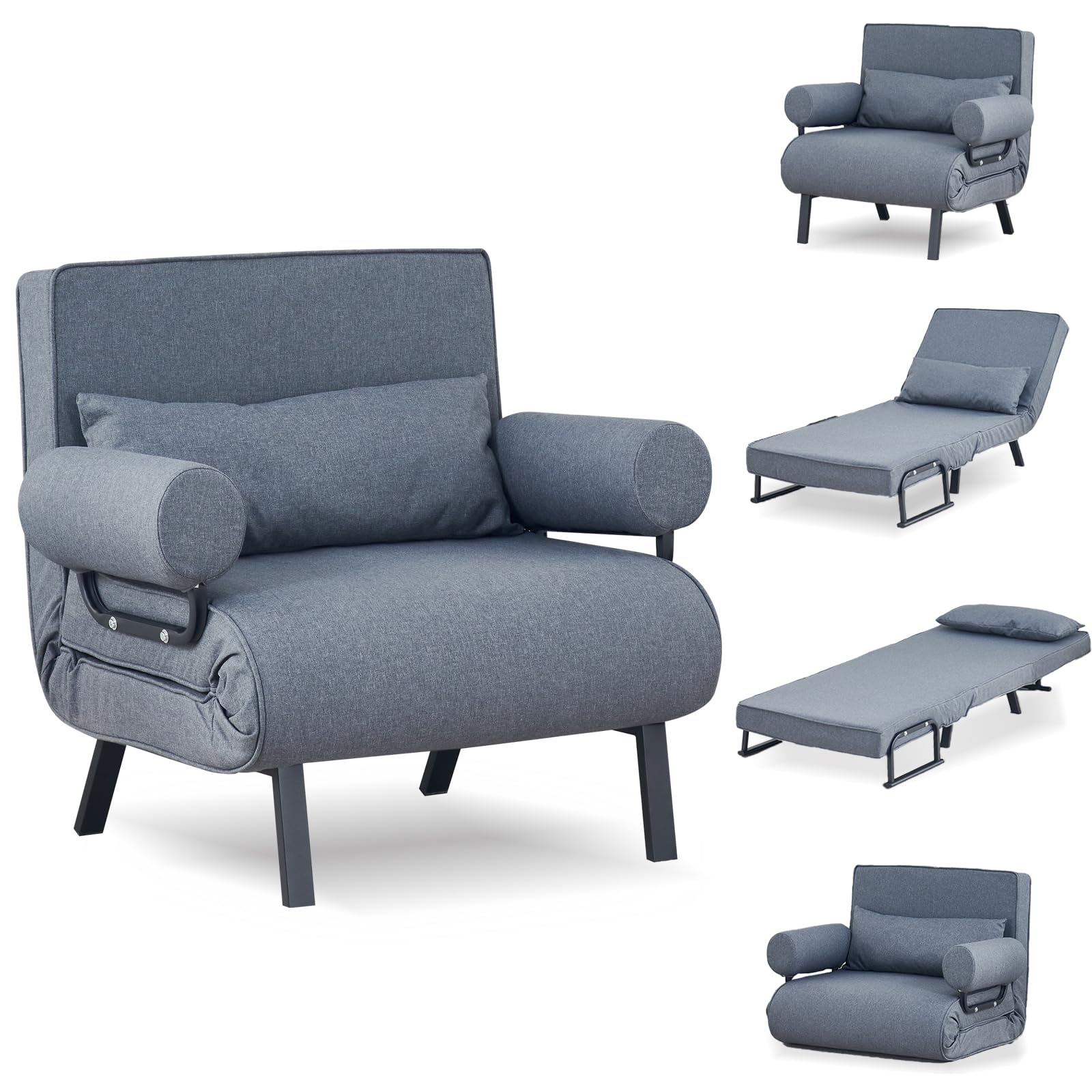 TRIOBLADE Folding Sofa Bed 4-in-1 Convertible Sofa Chair Bed Folding Sleeper Couch with 6-Position Backrest Comfortable Armrests Pillow Chaise Lounge Couch Recliner for Home Office (Grey, 65cm)